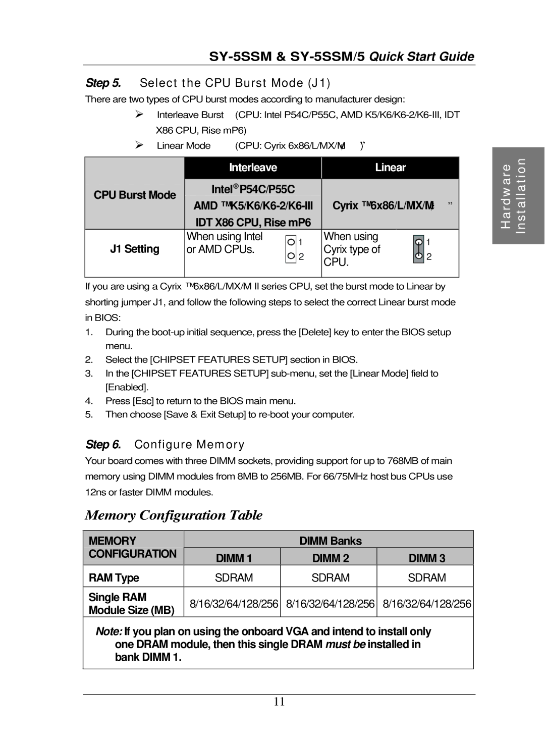 SOYO SY-5SSM/5 quick start Memory Configuration Table, Configure Memory 