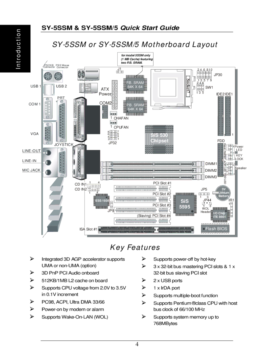 SOYO quick start Key Features, SY-5SSM or SY-5SSM/5 Motherboard Layout 