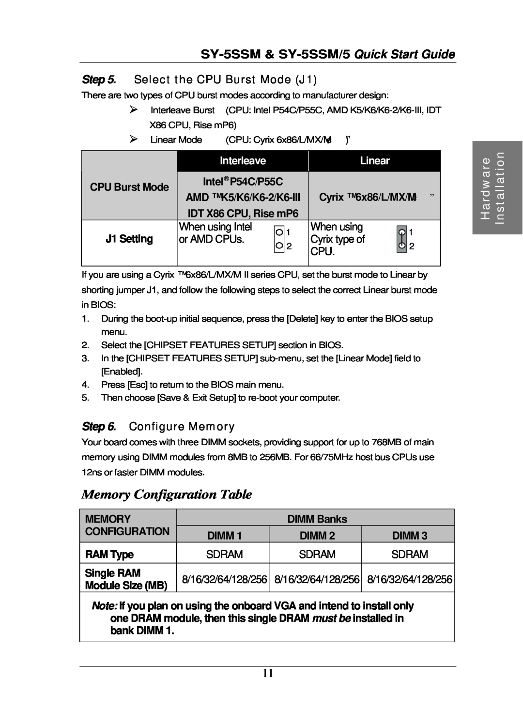 SOYO SY-5SSM Memory Configuration Table, Select the CPU Burst Mode J1, Configure Memory, Interleave, Linear, DIMM Banks 