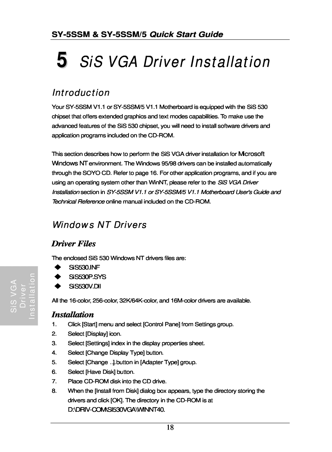 SOYO SY-5SSM/5 SiS VGA Driver Installation, Introduction, Windows NT Drivers, Driver Files, D\DRIV-COM\SI530VGA\WINNT40 