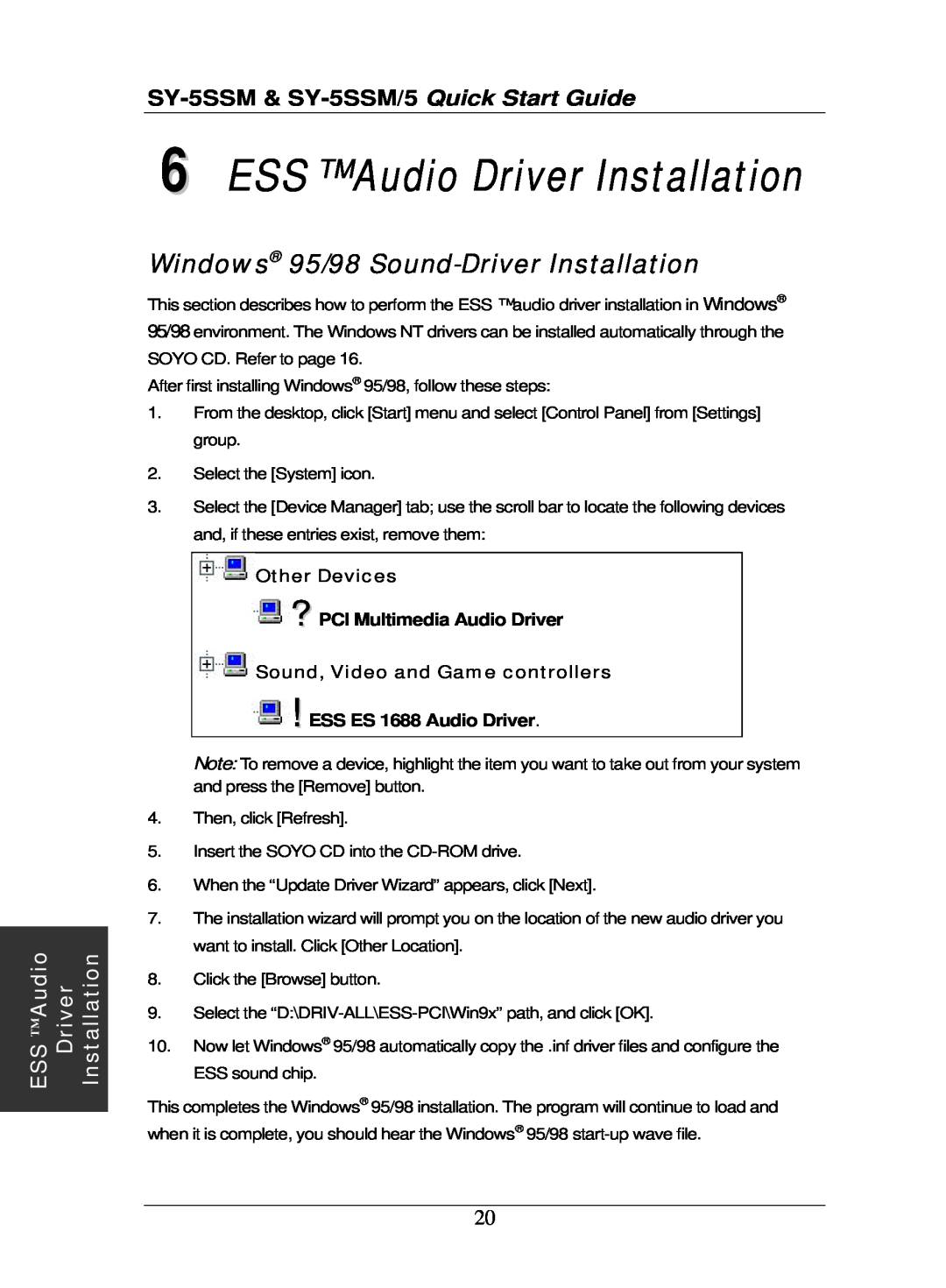 SOYO SY-5SSM/5 quick start Windows 95/98 Sound-Driver Installation, ESS Audio Driver Installation 