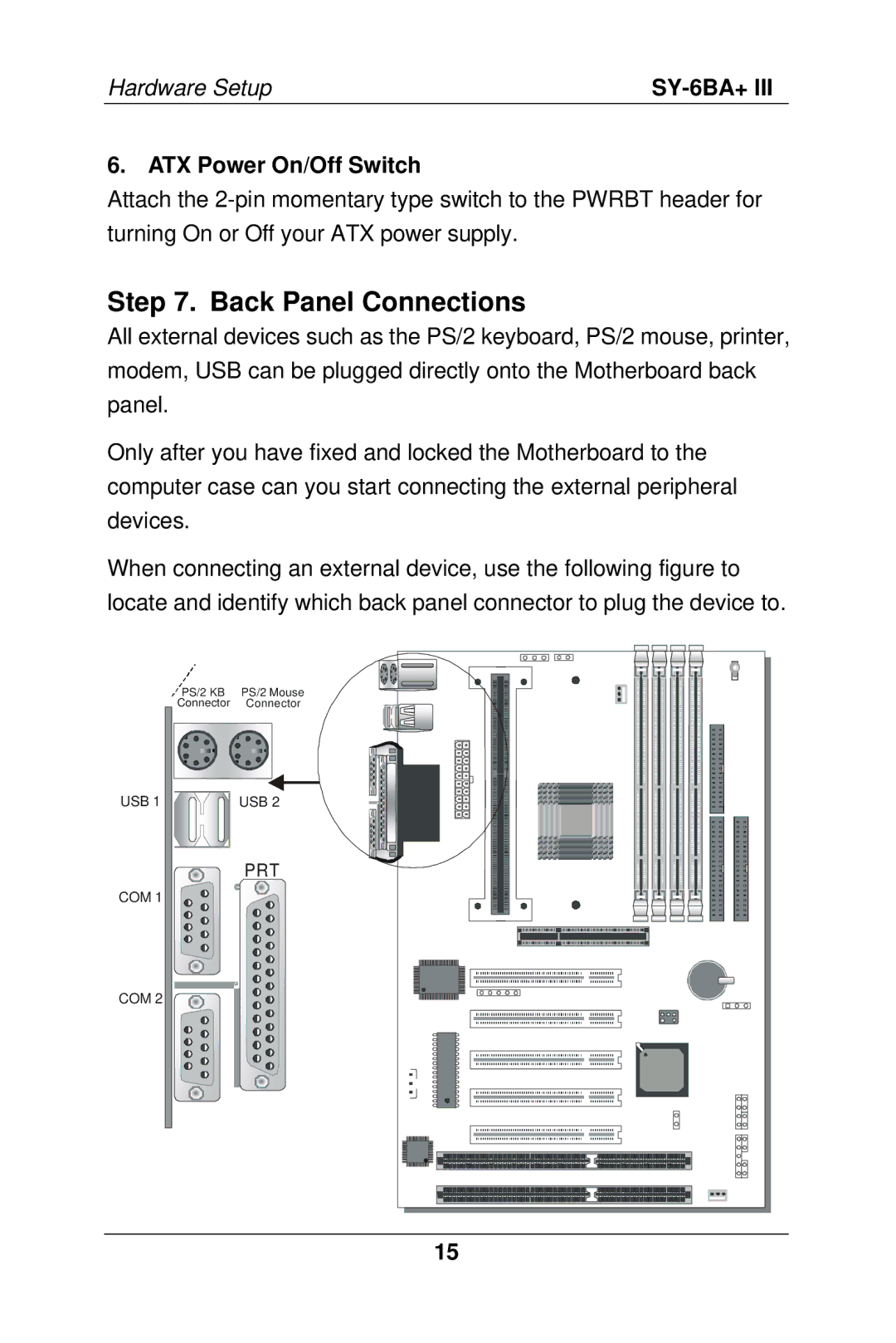 SOYO SY-6BA+ III manual Back Panel Connections, ATX Power On/Off Switch 