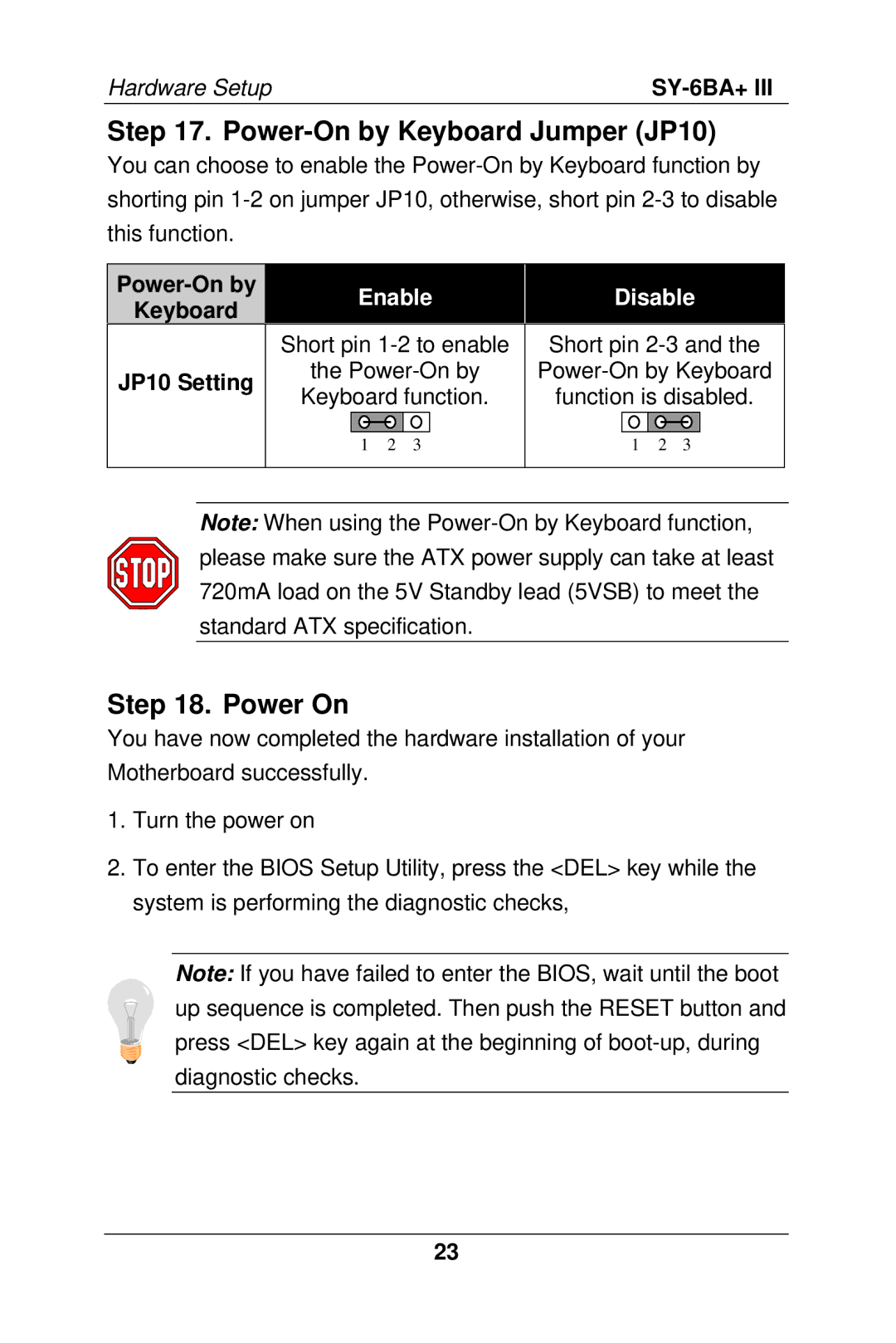 SOYO SY-6BA+ III manual Power-On by Keyboard Jumper JP10, Power On, JP10 Setting 