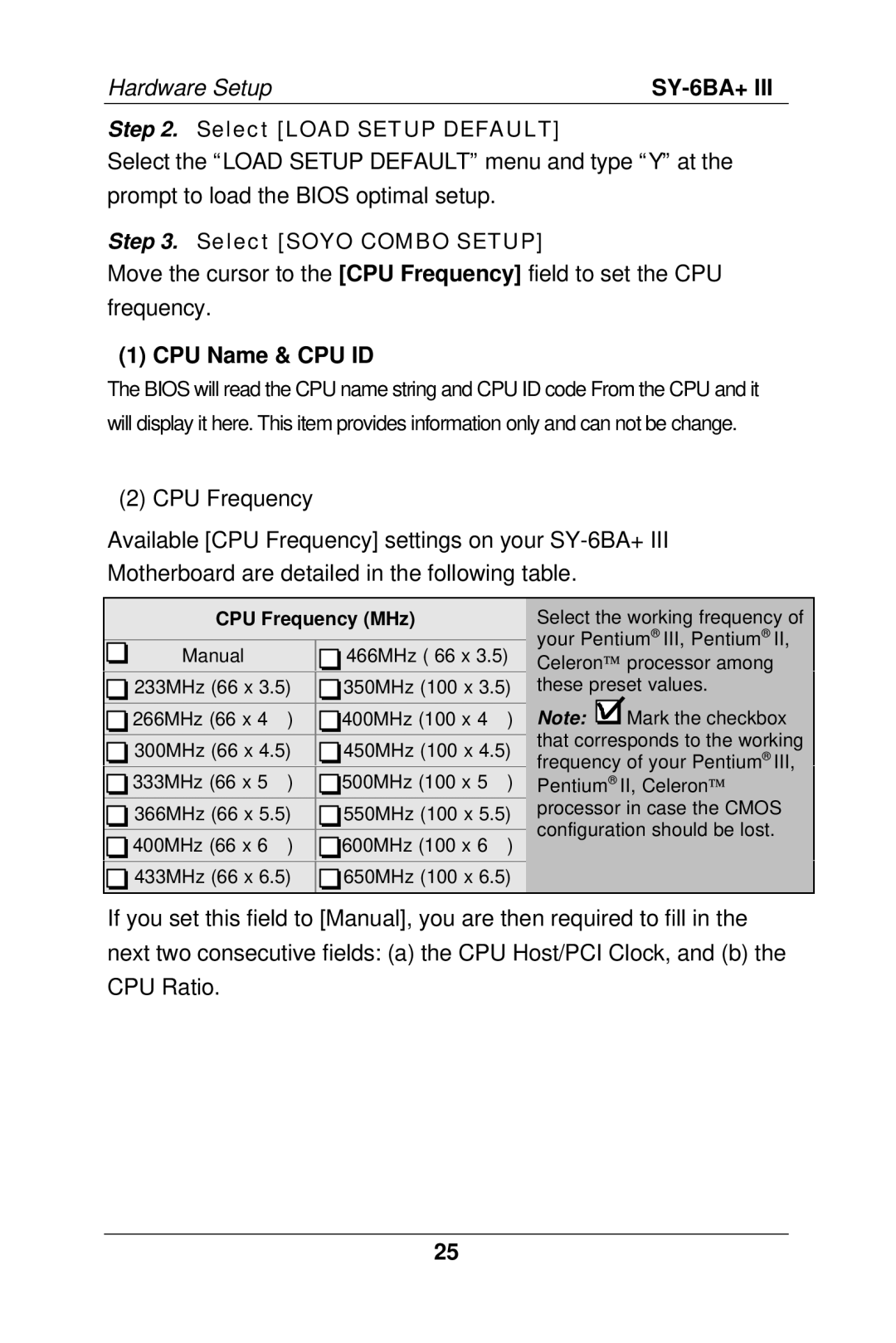 SOYO SY-6BA+ III manual CPU Name & CPU ID, CPU Frequency MHz 