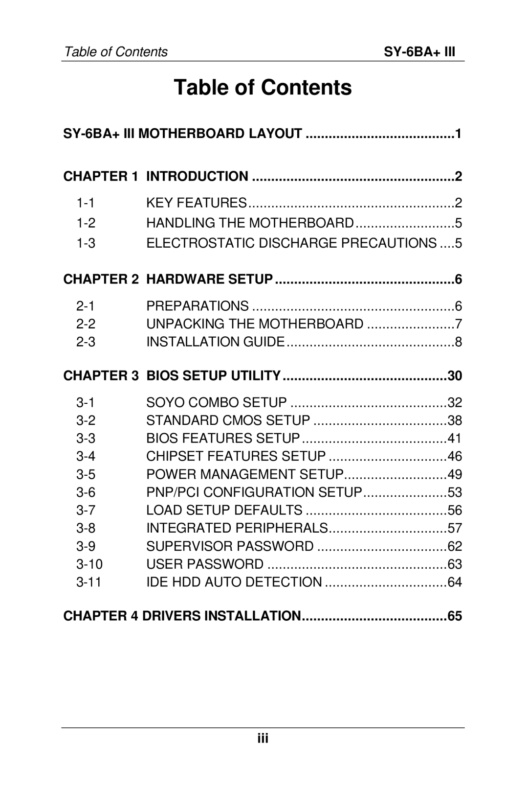 SOYO SY-6BA+ III manual Table of Contents 