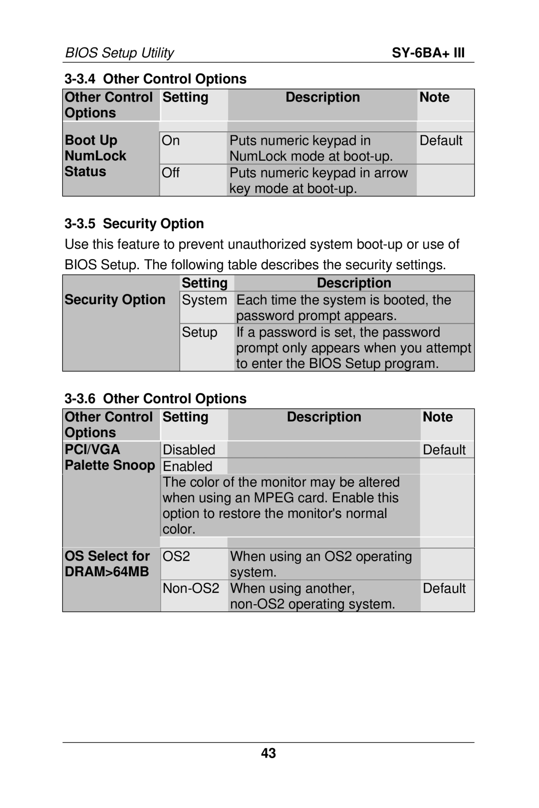 SOYO SY-6BA+ III manual Security Option SettingDescription, Other Control Options Setting Description, Pci/Vga 