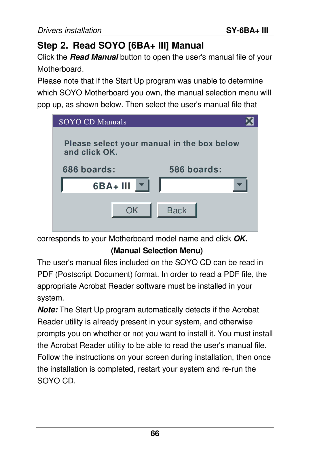 SOYO SY-6BA+ III manual Read Soyo 6BA+ III Manual, Manual Selection Menu 