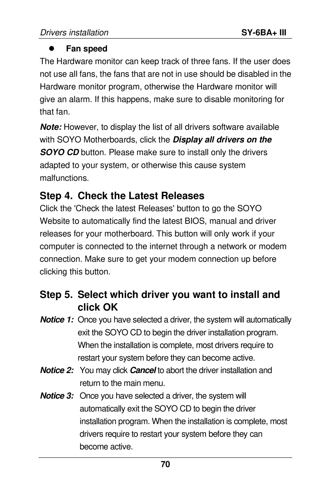 SOYO SY-6BA+ III manual Check the Latest Releases, Select which driver you want to install and click OK, Fan speed 