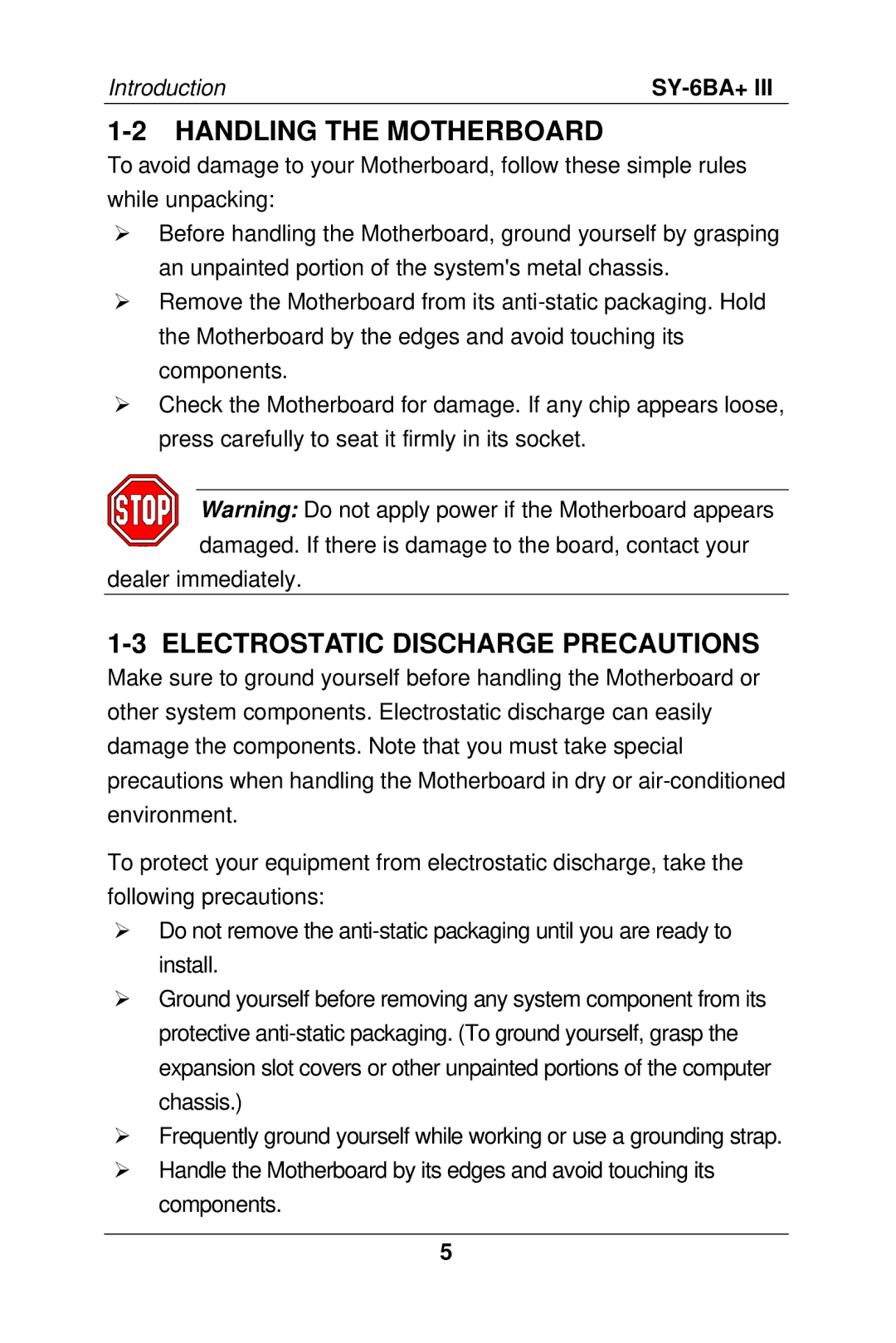 SOYO SY-6BA+ III manual Handling the Motherboard, Electrostatic Discharge Precautions 
