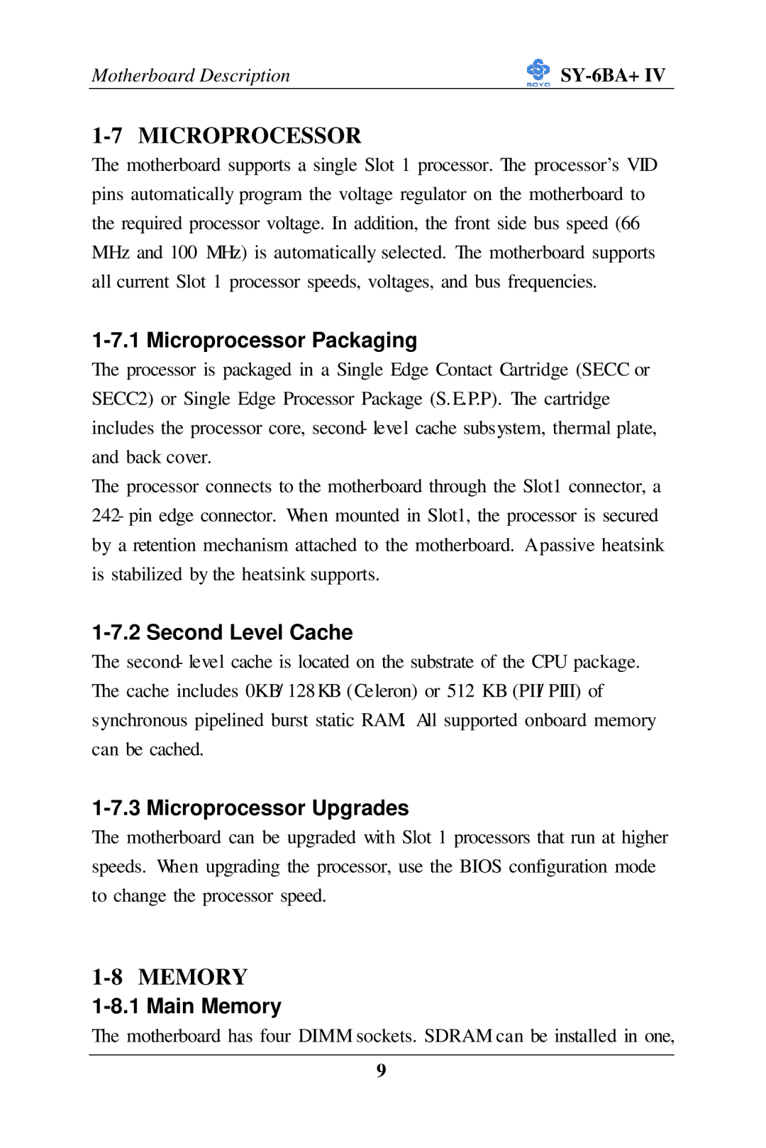 SOYO SY-6BA+ IV user manual Microprocessor, Memory 