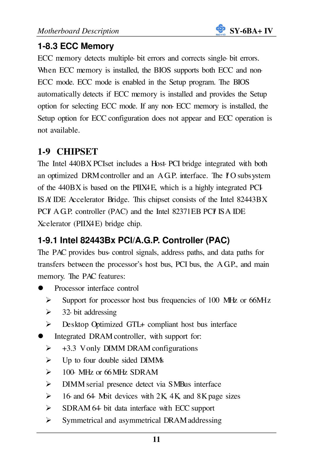 SOYO SY-6BA+ IV user manual Chipset, ECC Memory, Intel 82443Bx PCI/A.G.P. Controller PAC 