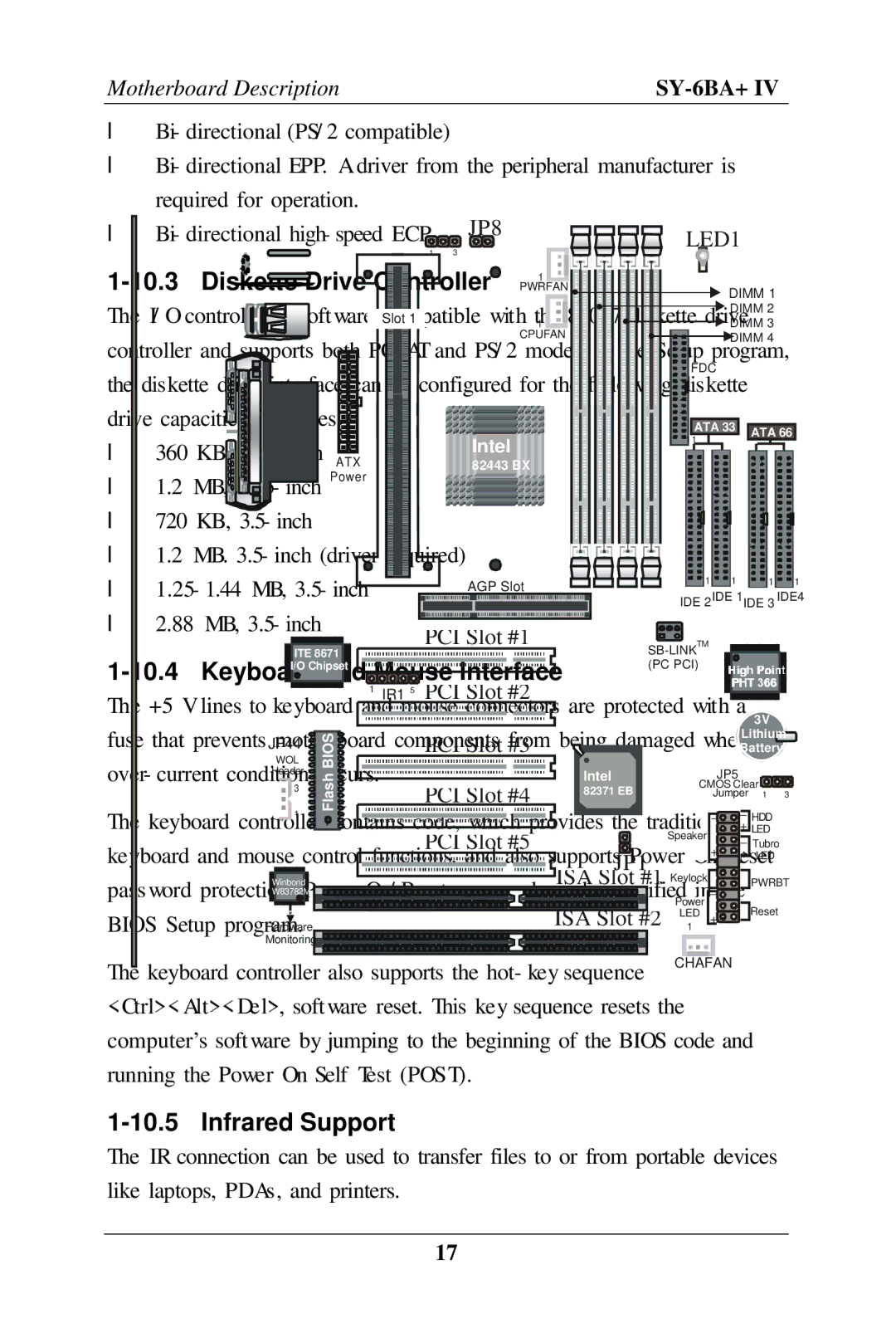 SOYO SY-6BA+ IV user manual Diskette Drive Controller, Keyboard and Mouse Interface, Infrared Support 