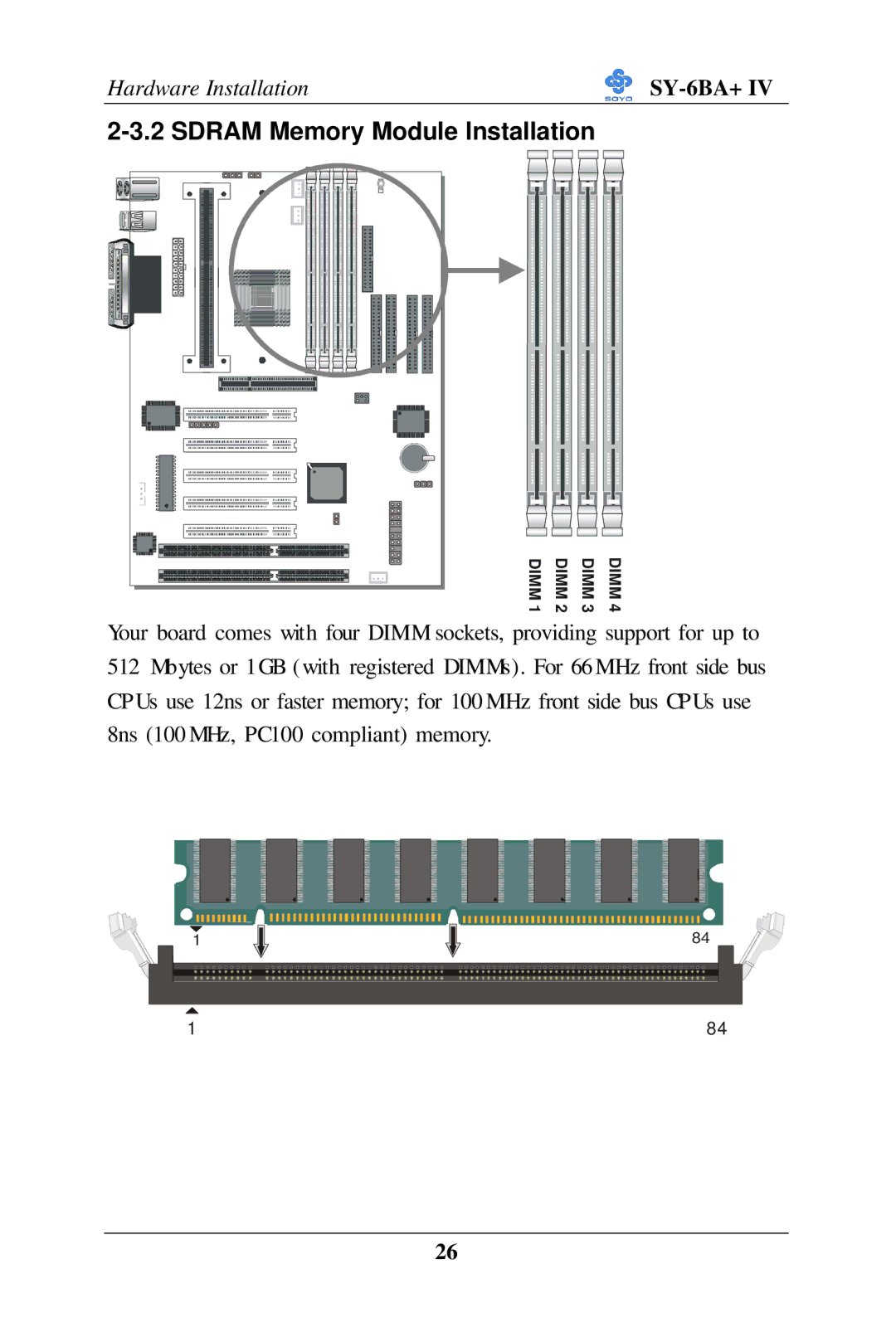 SOYO SY-6BA+ IV user manual Sdram Memory Module Installation 