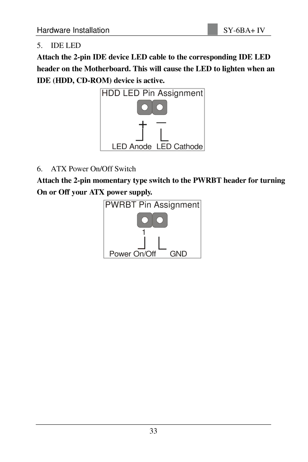 SOYO SY-6BA+ IV user manual Ide Led, ATX Power On/Off Switch 