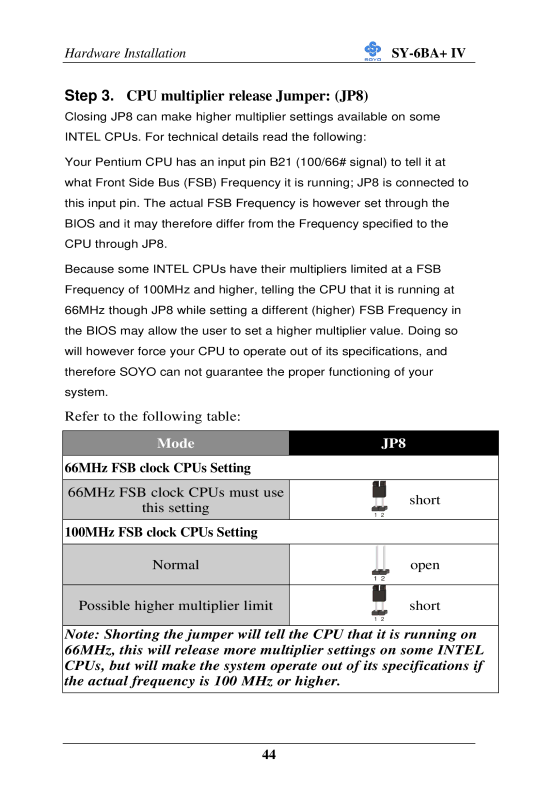 SOYO SY-6BA+ IV user manual 66MHz FSB clock CPUs Setting, 100MHz FSB clock CPUs Setting 