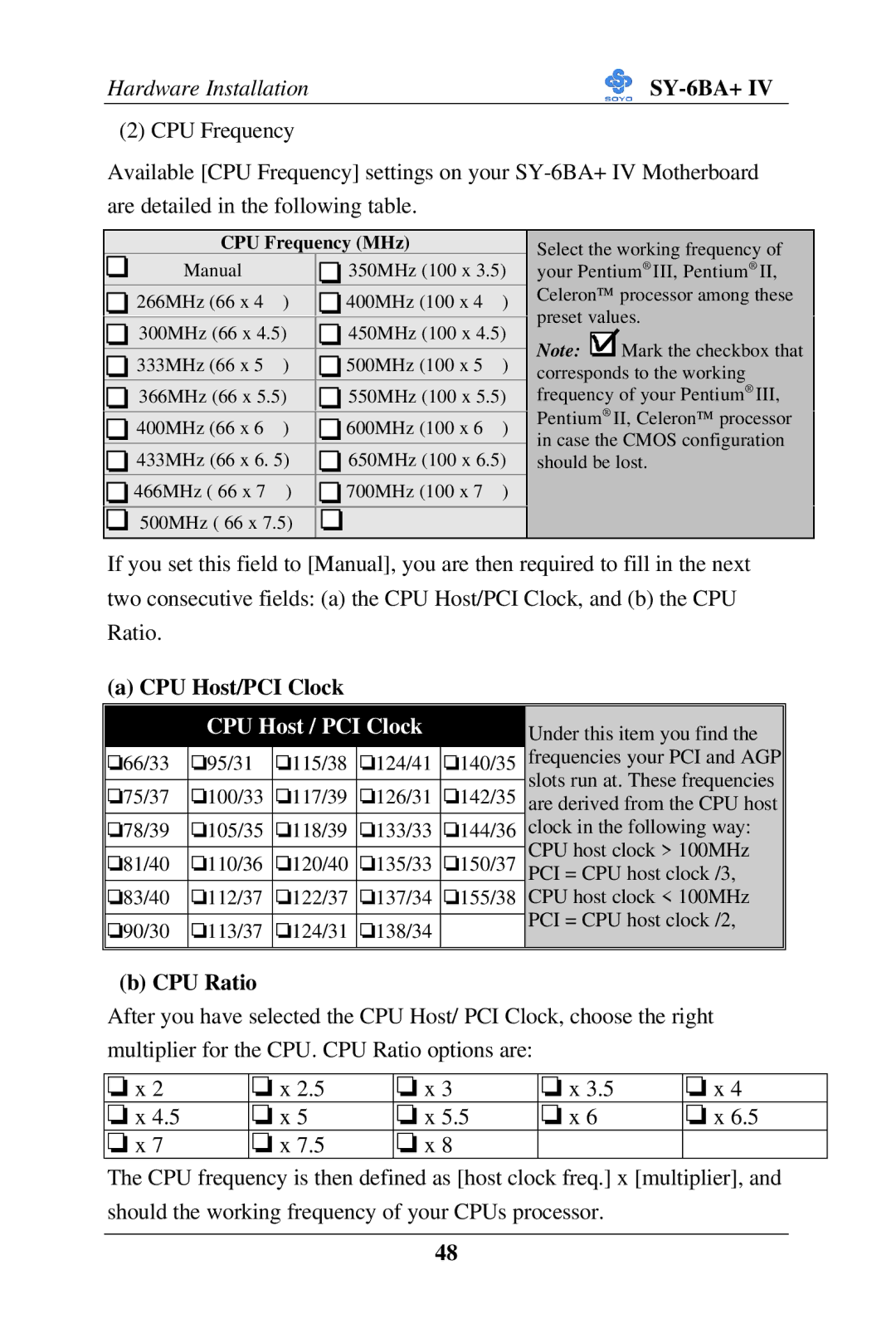 SOYO SY-6BA+ IV user manual CPU Host/PCI Clock, CPU Ratio 