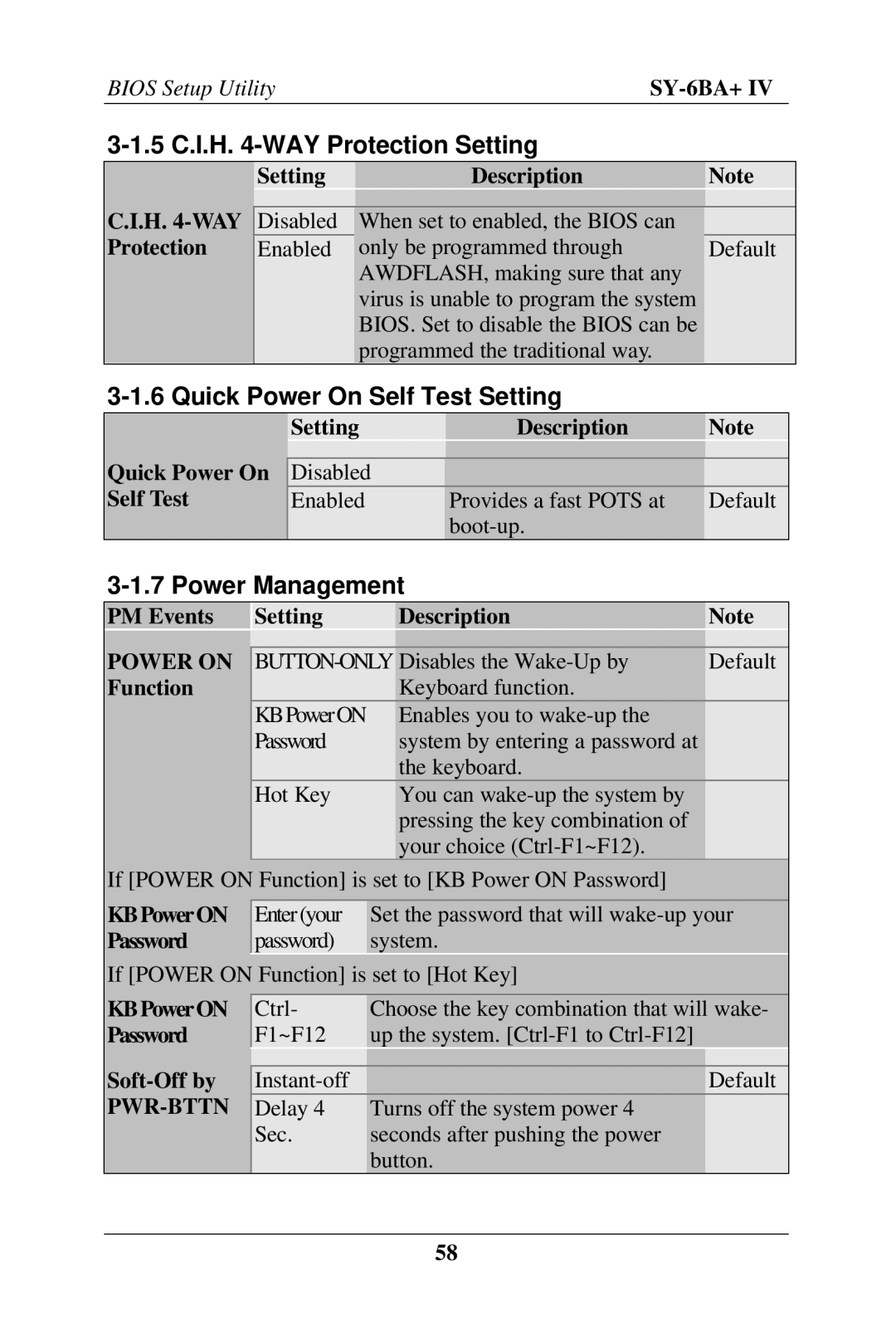 SOYO SY-6BA+ IV 5 C.I.H -WAY Protection Setting, Quick Power On Self Test Setting, Power Management, Power on, Pwr-Bttn 