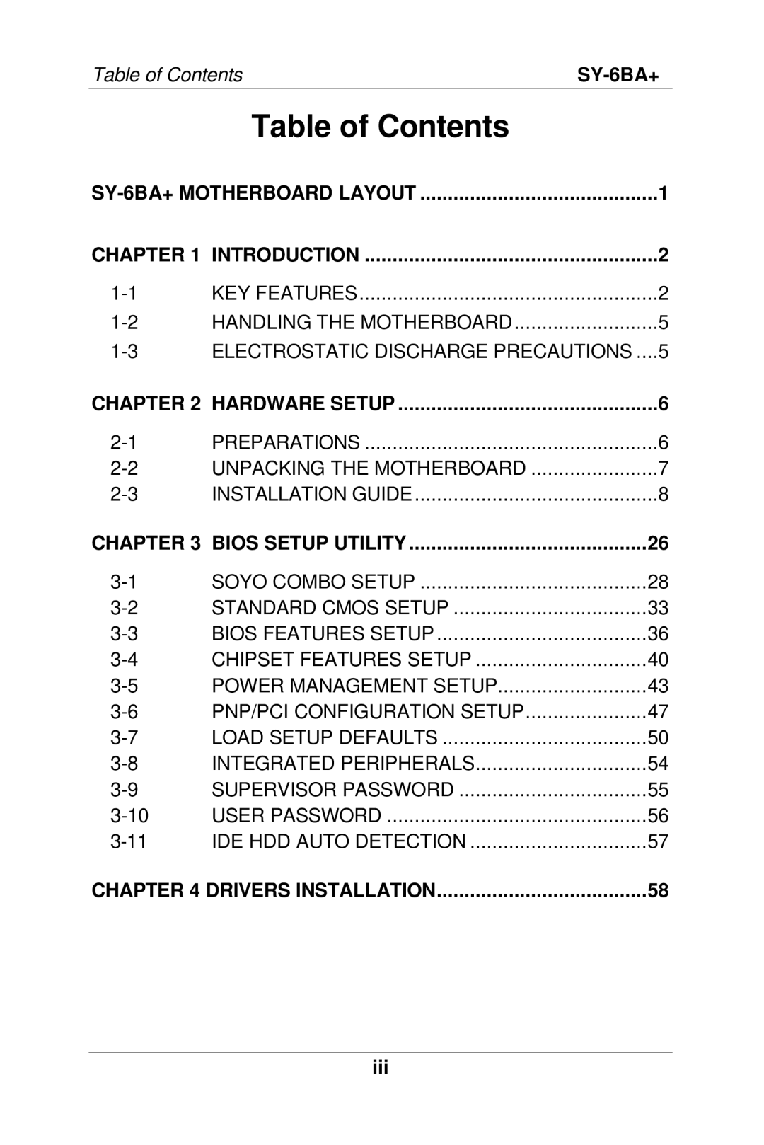 SOYO SY-6BA+ manual Table of Contents 