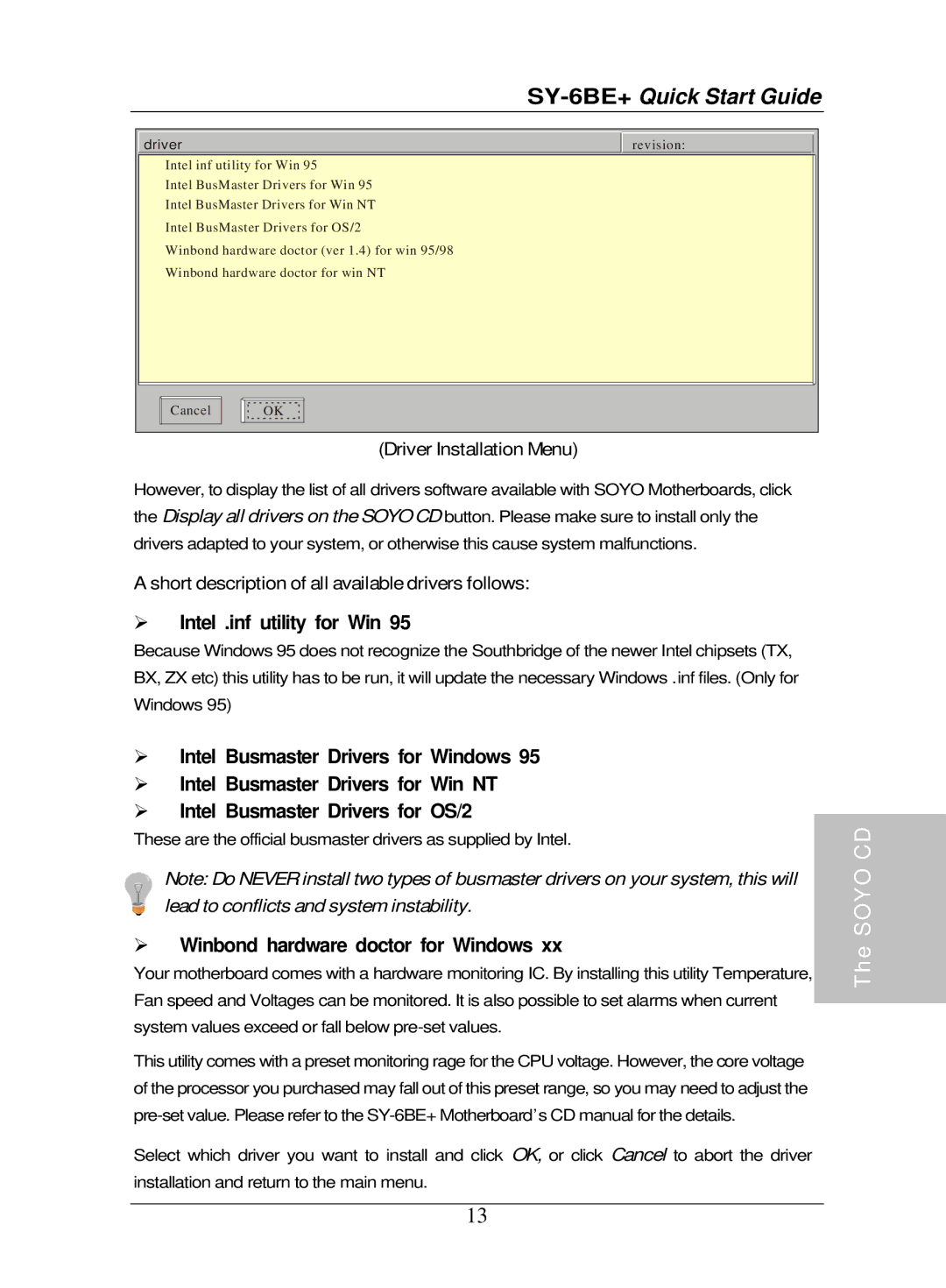 SOYO SY-6BE+ quick start Winbond hardware doctor for Windows, Driver 