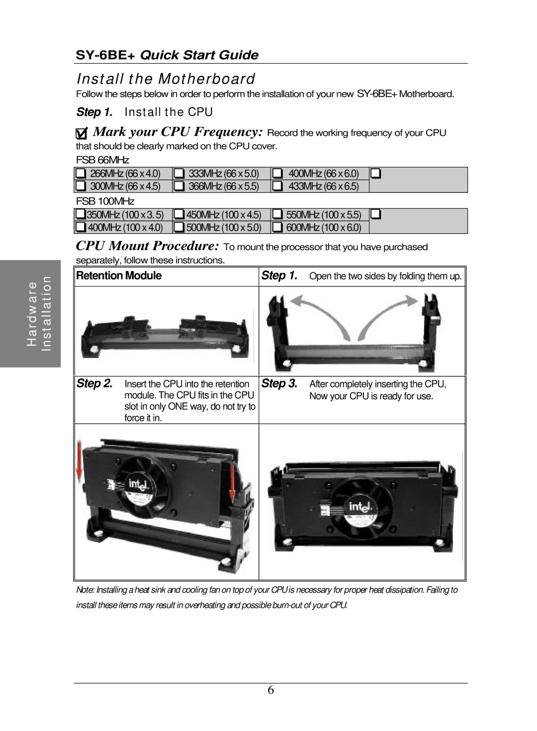 SOYO SY-6BE+ quick start Install the CPU, Retention Module 