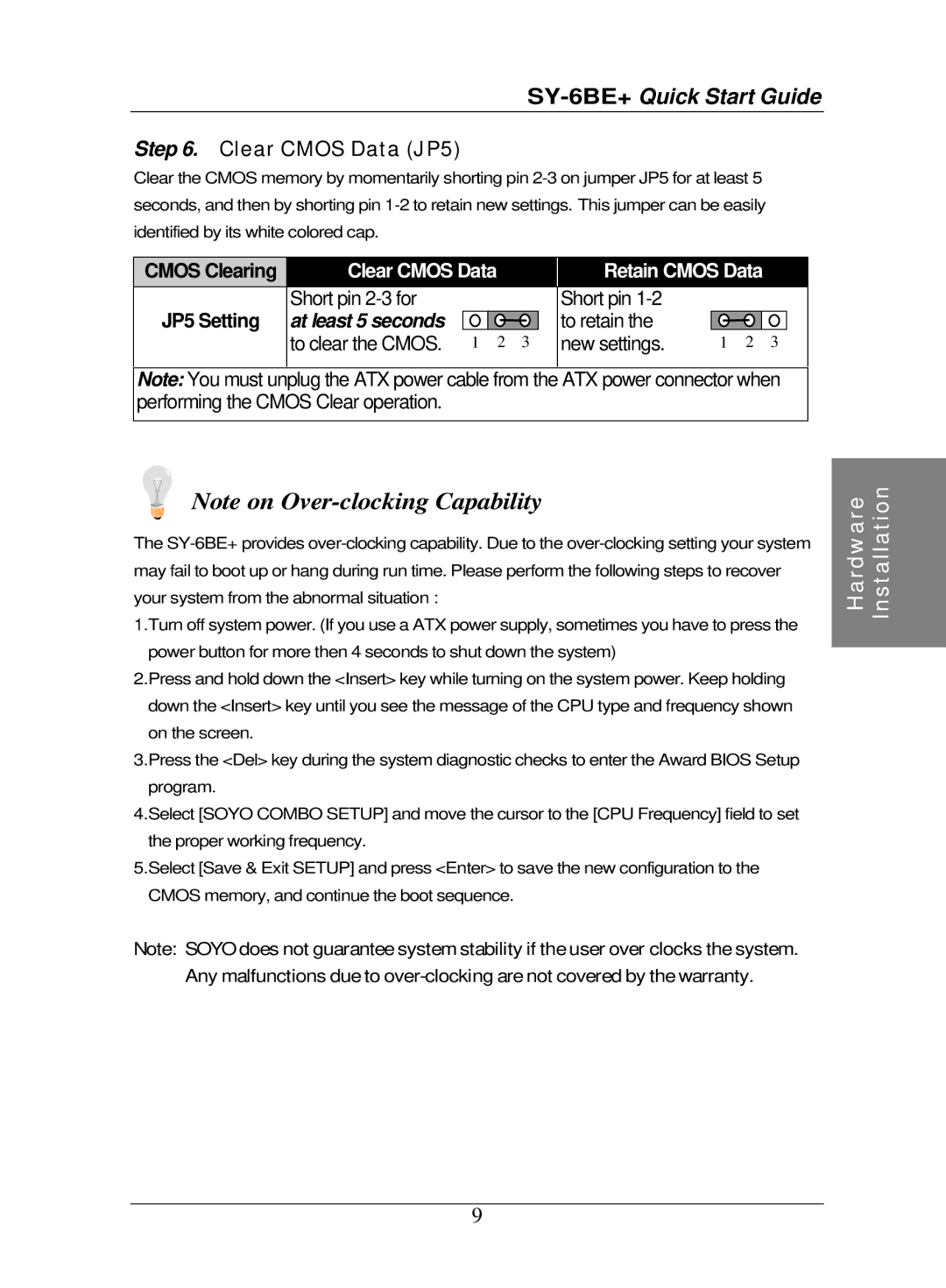 SOYO SY-6BE+ quick start Clear Cmos Data JP5, Cmos Clearing, JP5 Setting 