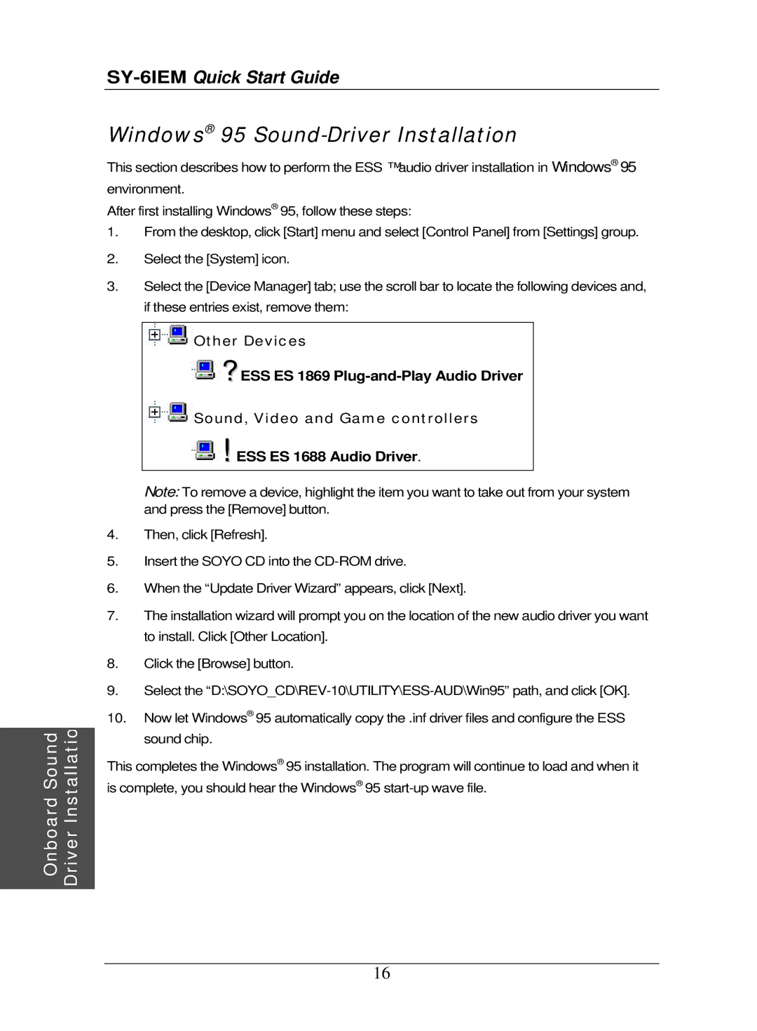 SOYO SY-6IEM quick start Windows 95 Sound-Driver Installation 