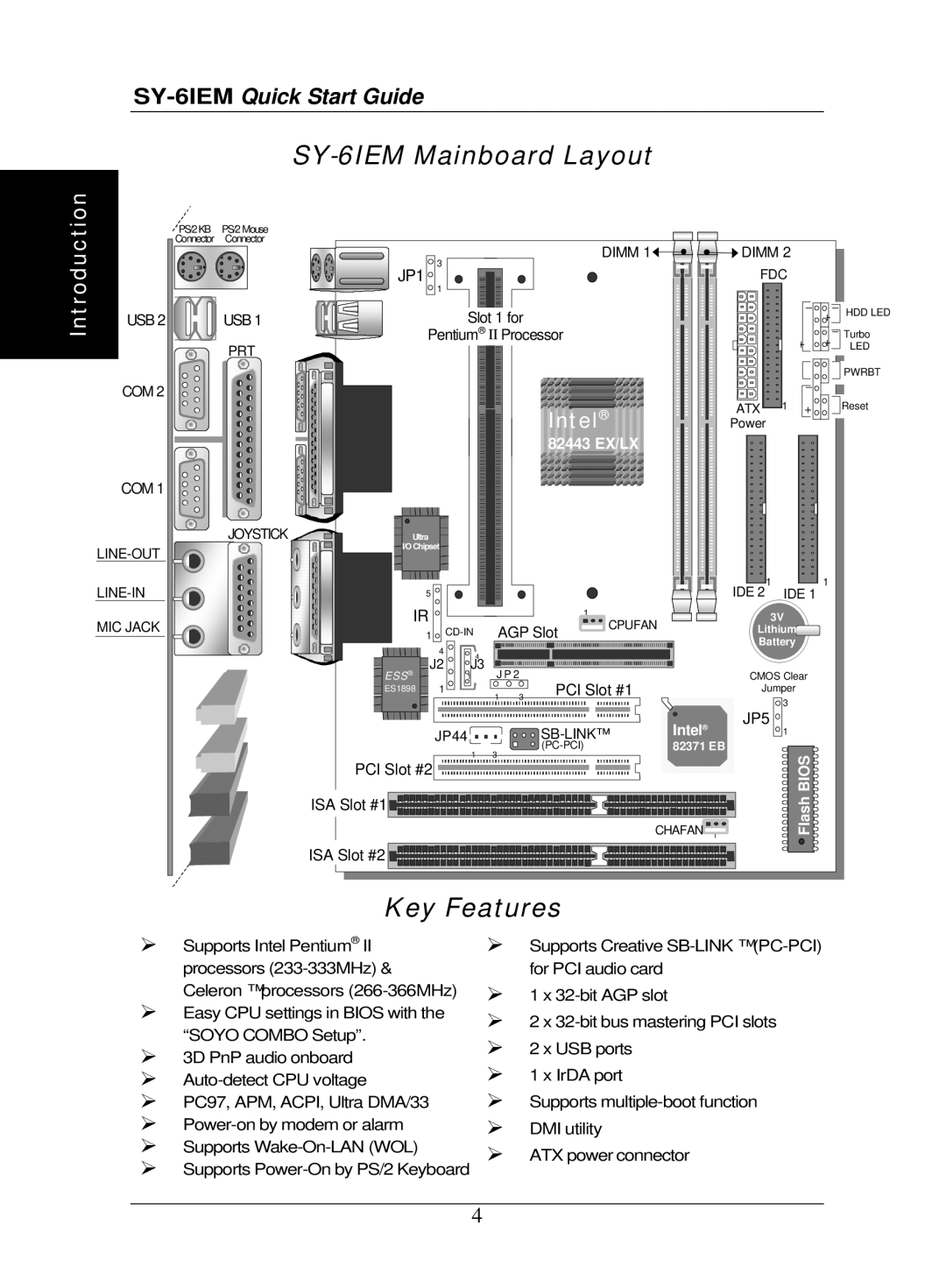 SOYO quick start SY-6IEM Mainboard Layout, Key Features 