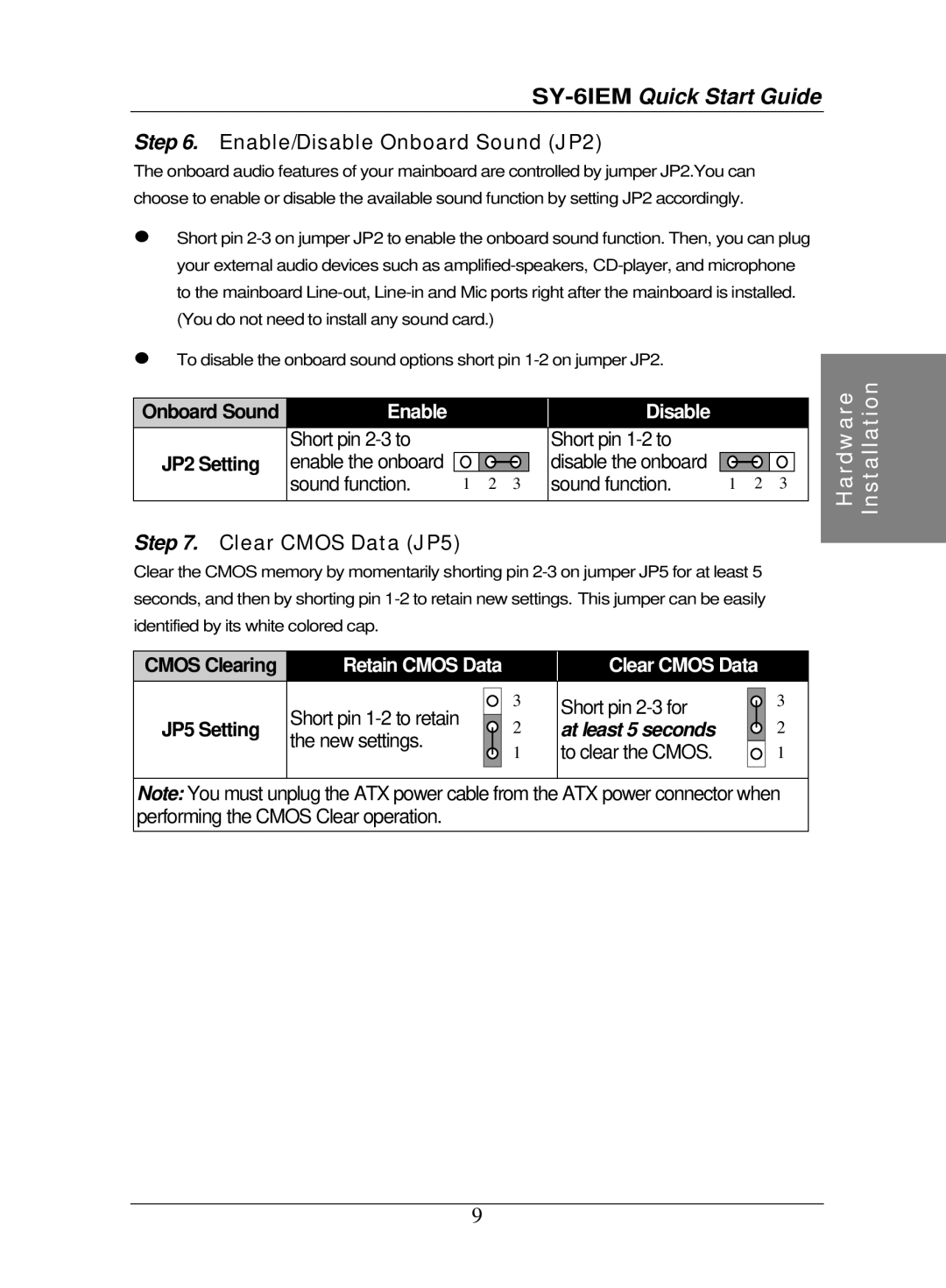 SOYO SY-6IEM quick start Enable/Disable Onboard Sound JP2, Clear Cmos Data JP5 