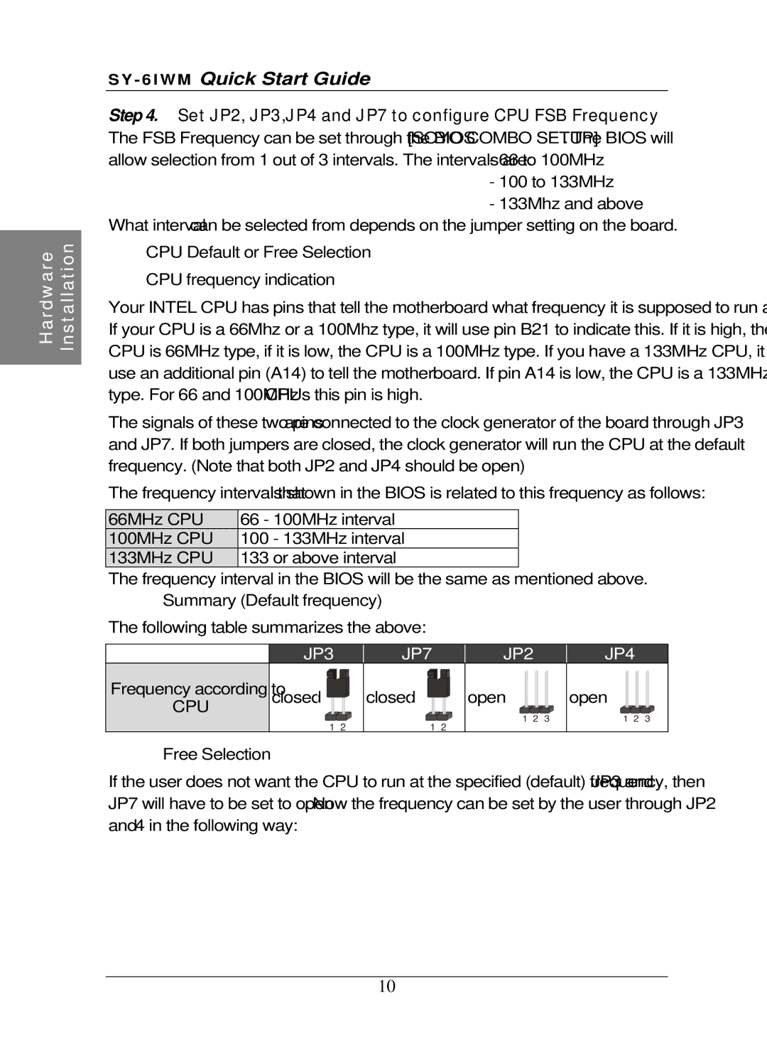 SOYO SY-6IWM quick start Set JP2, JP3,JP4 and JP7 to configure CPU FSB Frequency 