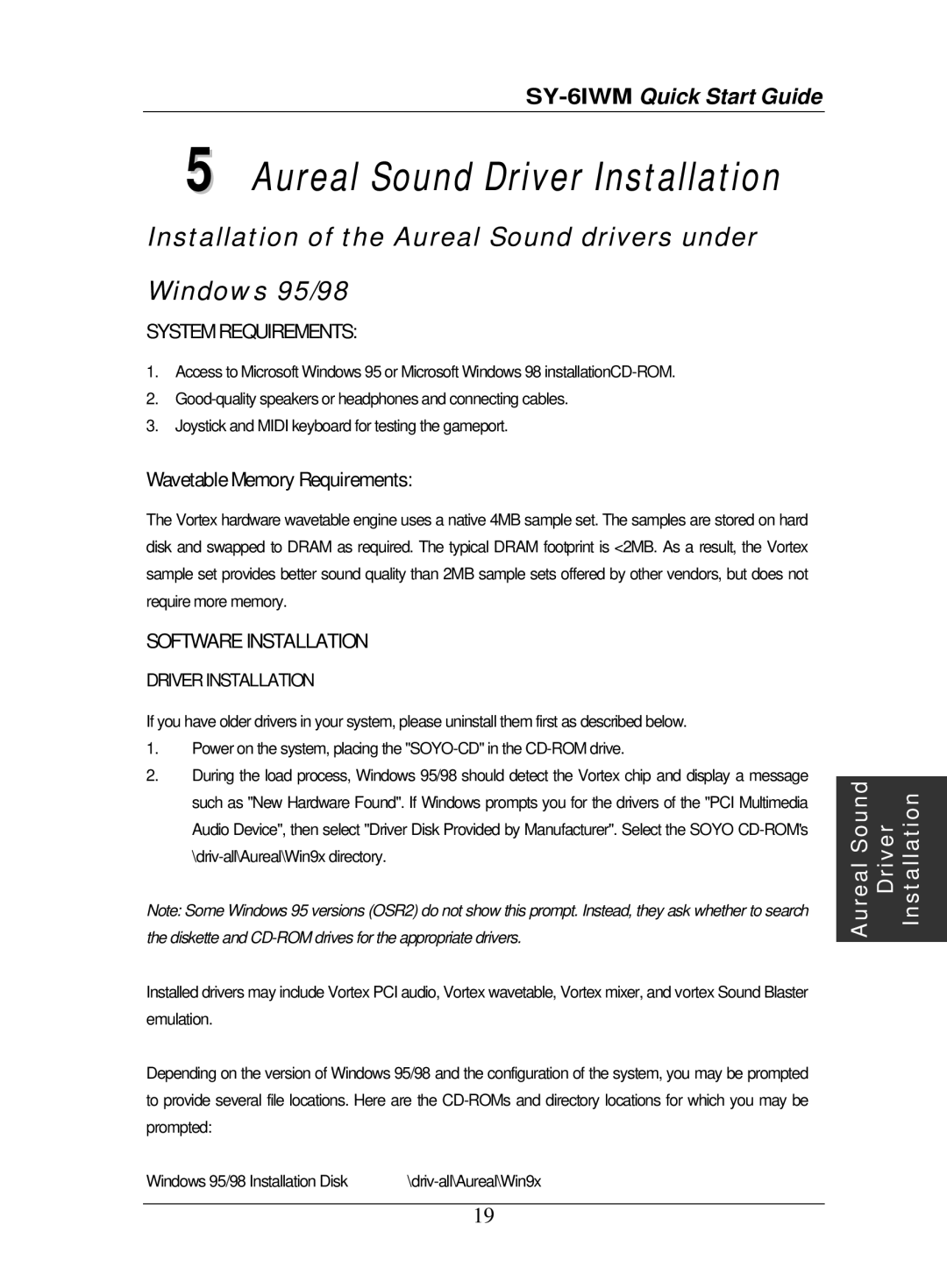 SOYO SY-6IWM quick start Aureal Sound Driver Installation, Wavetable Memory Requirements 