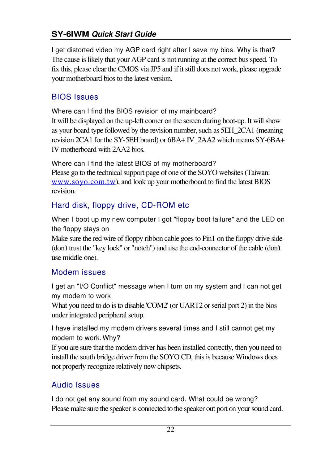 SOYO SY-6IWM quick start Bios Issues 