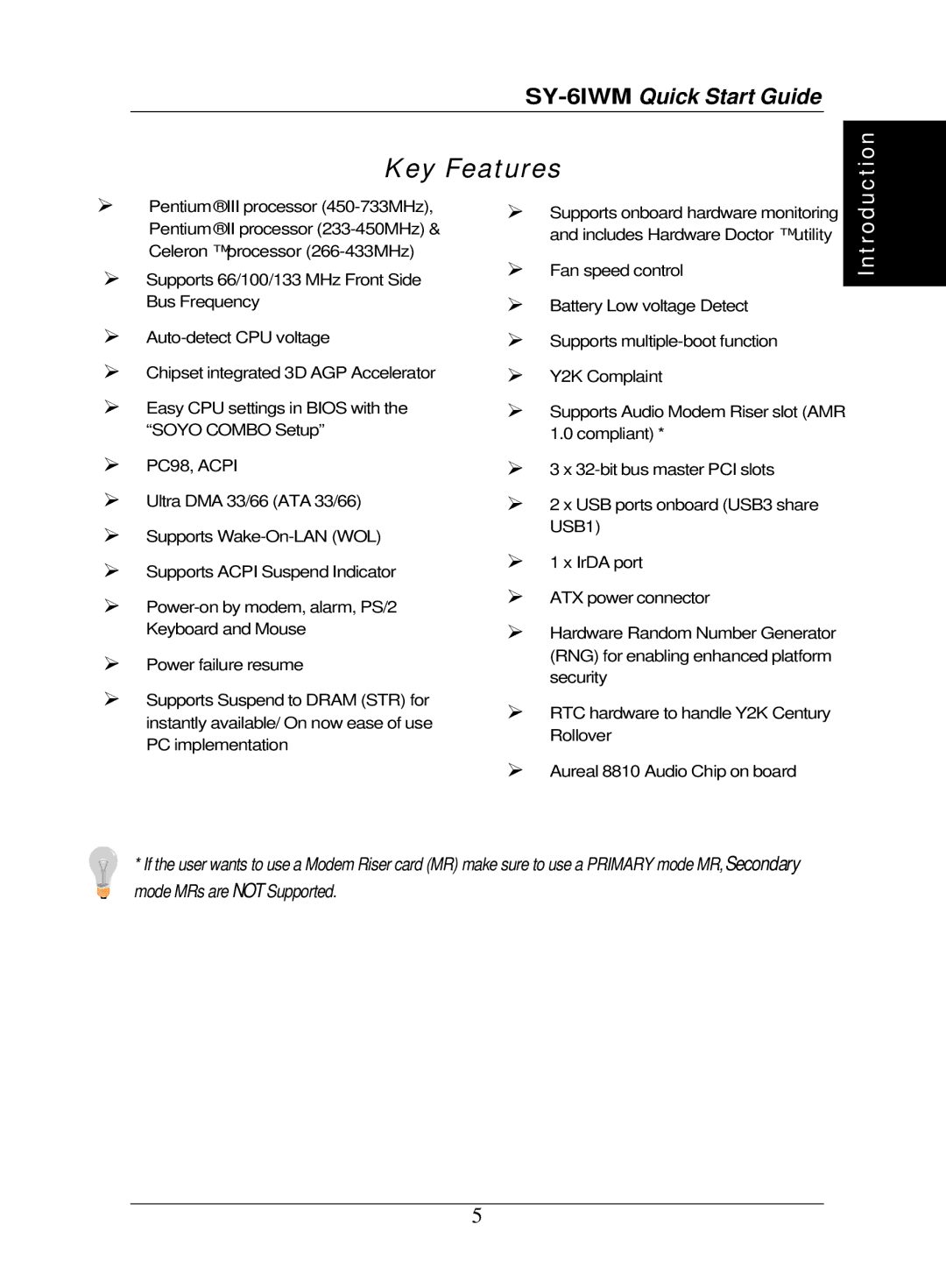 SOYO SY-6IWM quick start Key Features 