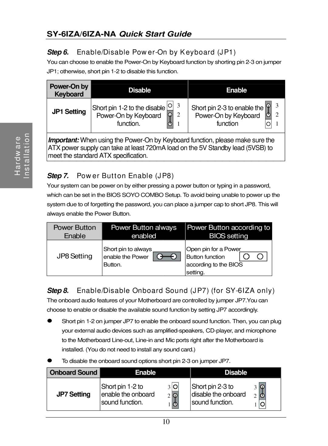 SOYO SY-6IZA-NA quick start Enable/Disable Power-On by Keyboard JP1, Power Button Enable JP8, JP8 Setting 