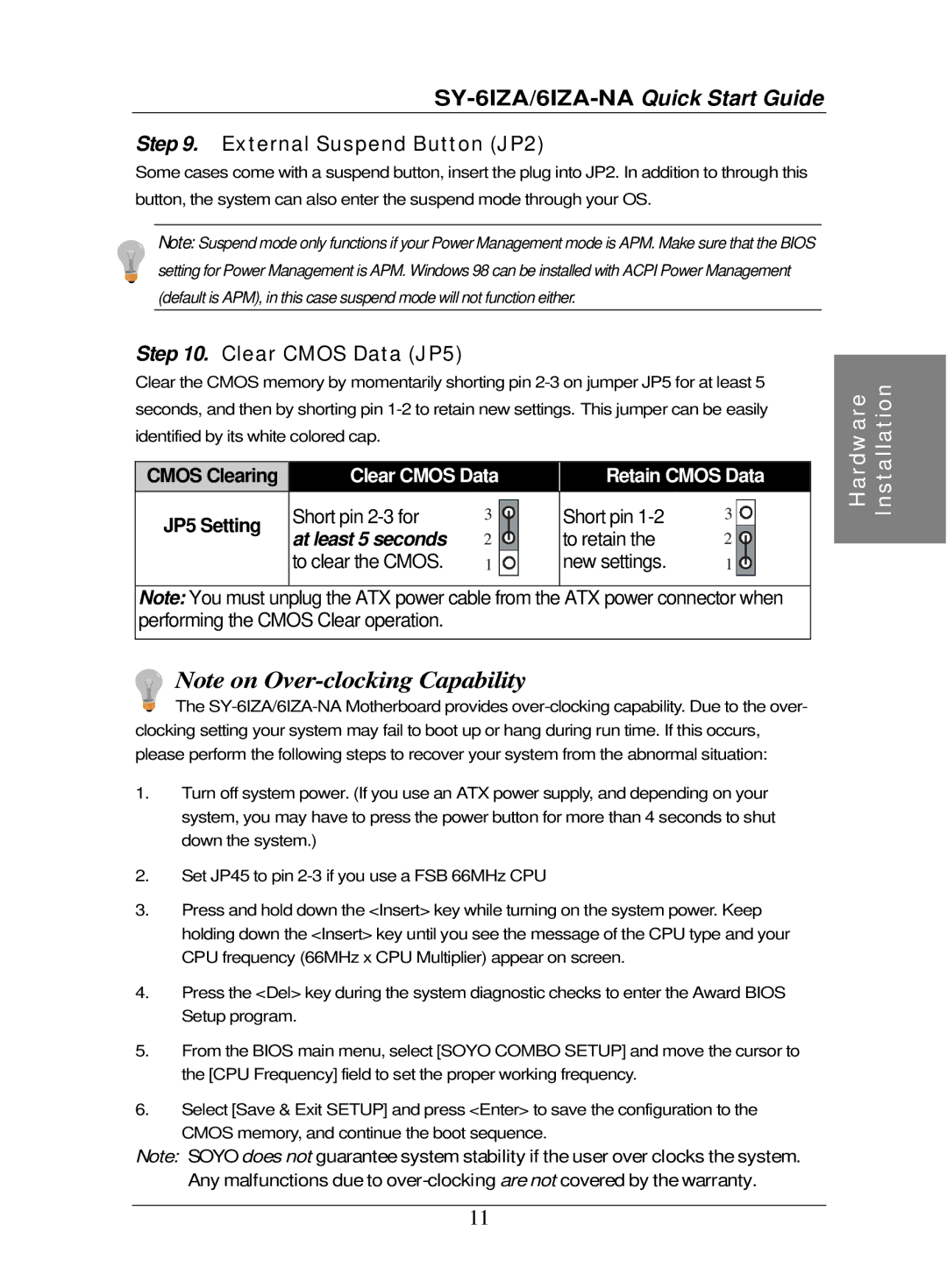 SOYO SY-6IZA-NA quick start External Suspend Button JP2, Clear Cmos Data JP5, Cmos Clearing 