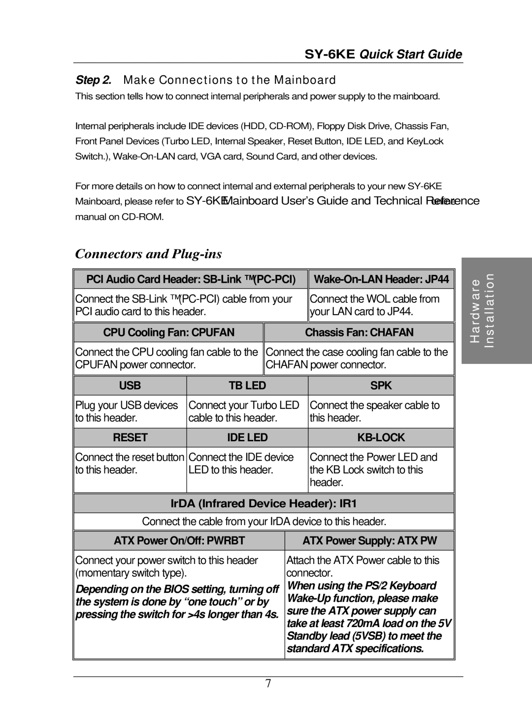 SOYO SY-6KE Make Connections to the Mainboard, PCI Audio Card Header SB-Link PC-PCI, IrDA Infrared Device Header IR1 