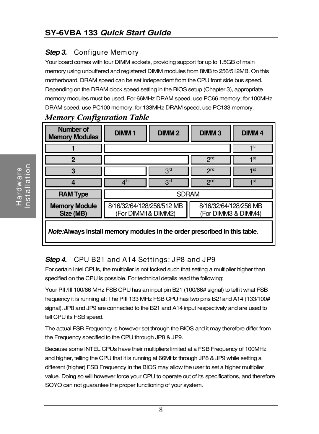 SOYO SY-6VBA 133 quick start Configure Memory, CPU B21 and A14 Settings JP8 and JP9, Number, Dimm, Size MB 