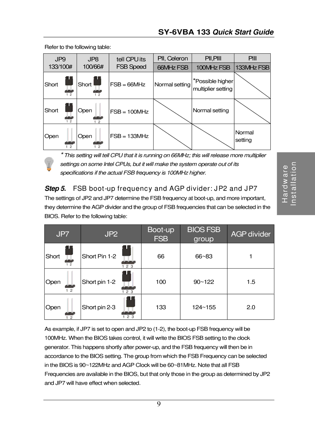 SOYO SY-6VBA 133 quick start FSB boot-up frequency and AGP divider JP2 and JP7, Tell CPU its PII, Celeron 