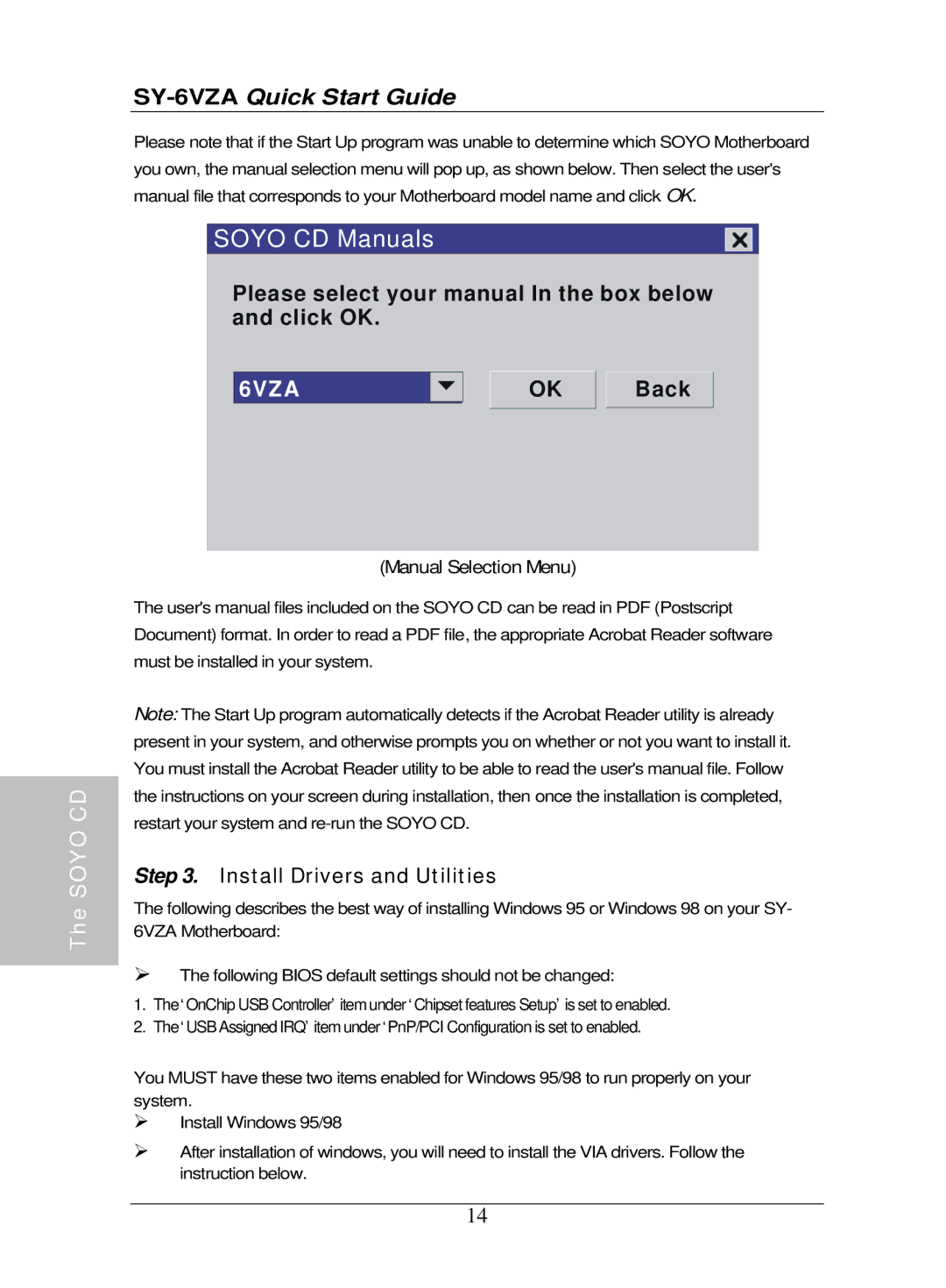 SOYO SY-6VZA quick start Install Drivers and Utilities, Manual Selection Menu 