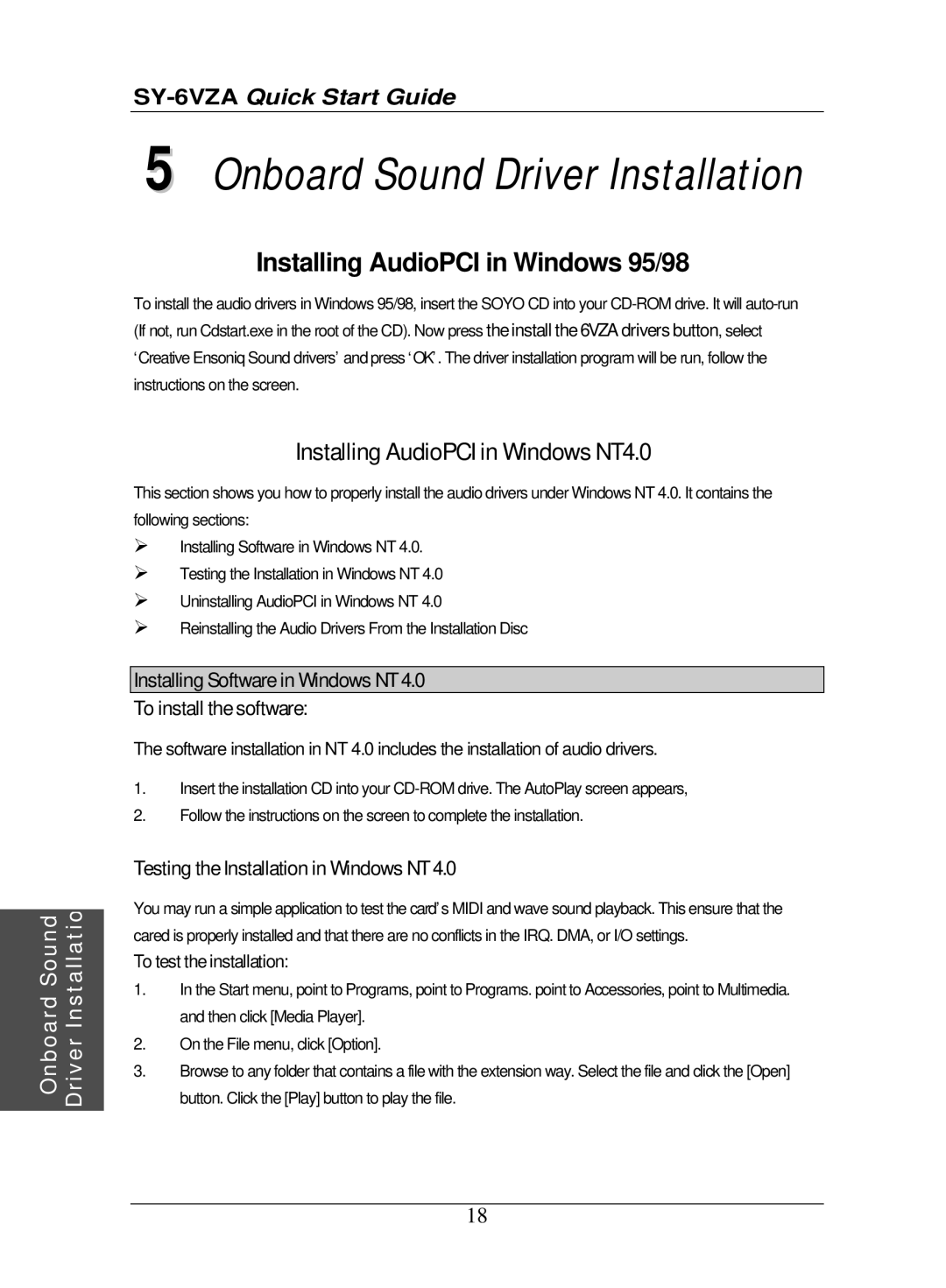 SOYO SY-6VZA quick start Installing Software in Windows NT To install the software, Testing the Installation in Windows NT 