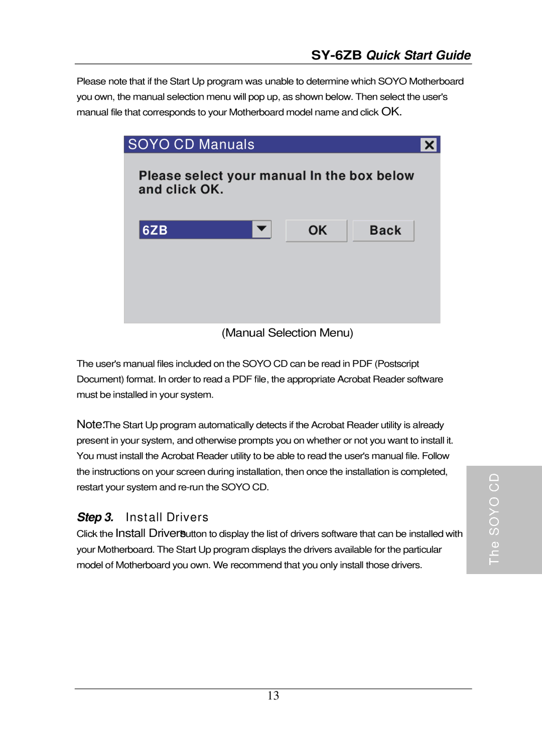 SOYO SY-6ZB Motherboard quick start Soyo CD Manuals, Install Drivers 