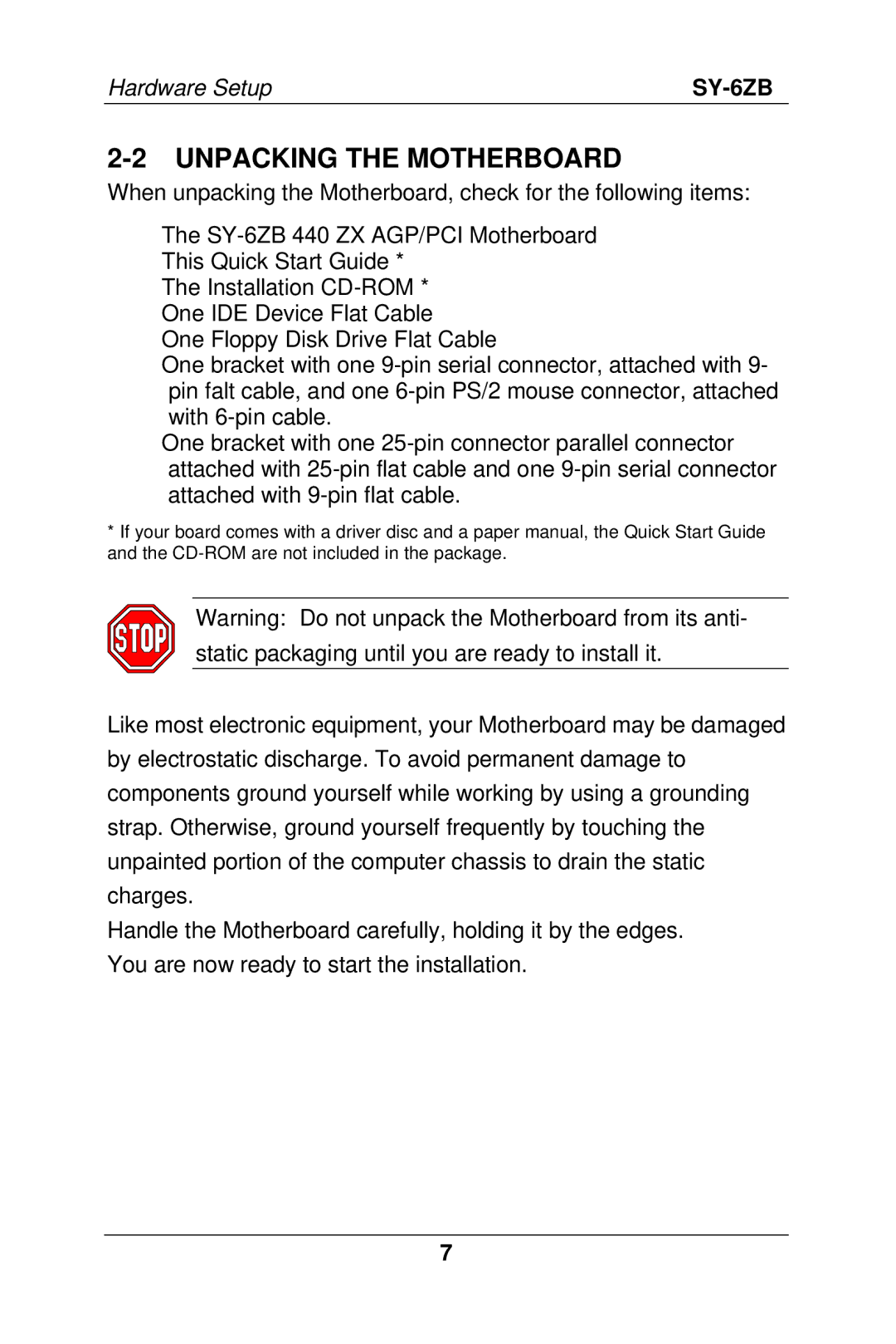 SOYO SY-6ZB manual Unpacking the Motherboard 