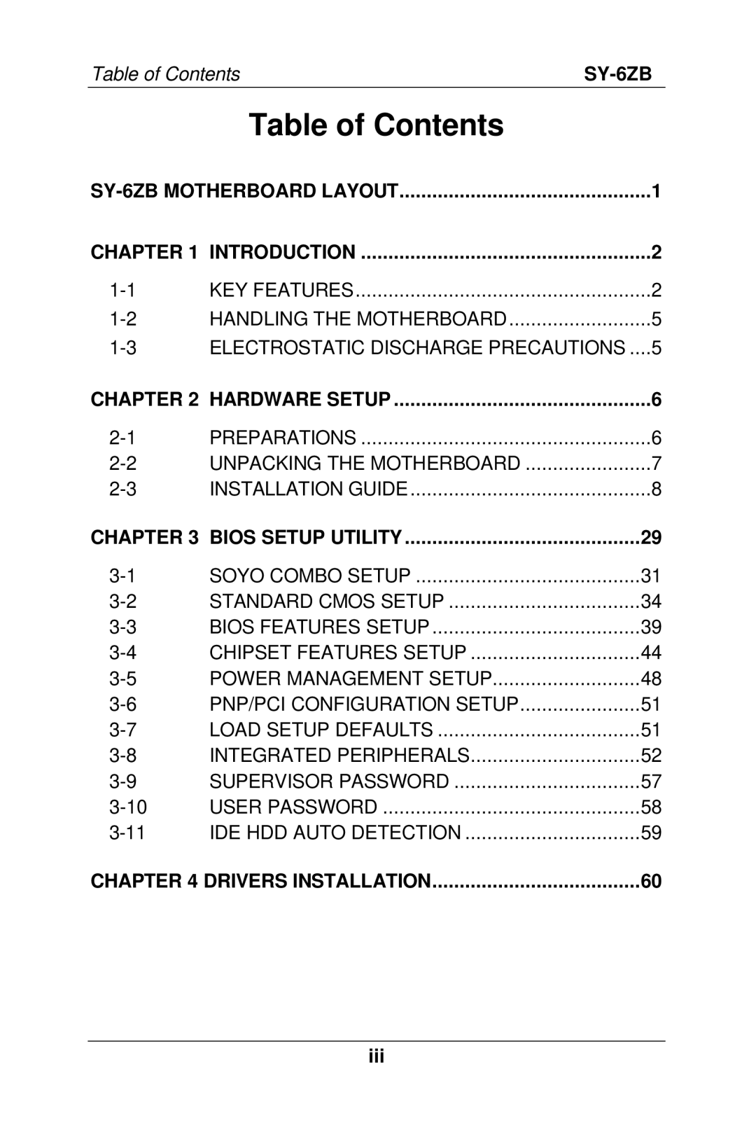 SOYO SY-6ZB manual Table of Contents 