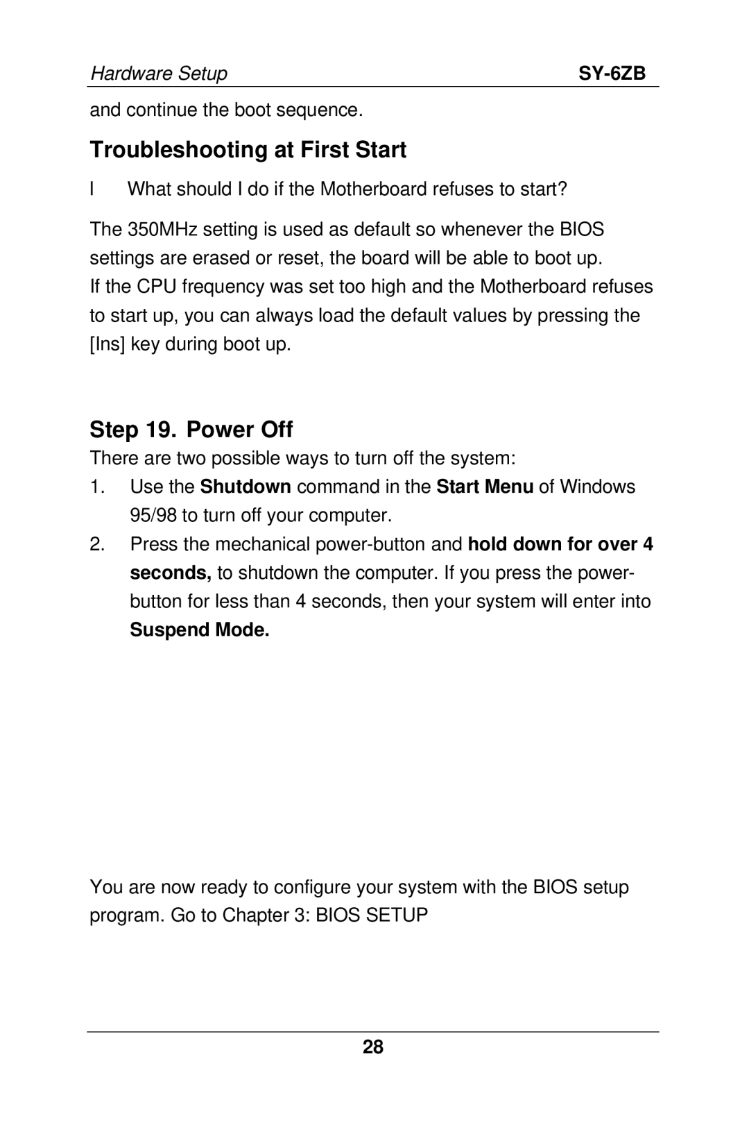 SOYO SY-6ZB manual Troubleshooting at First Start, Power Off, Suspend Mode 