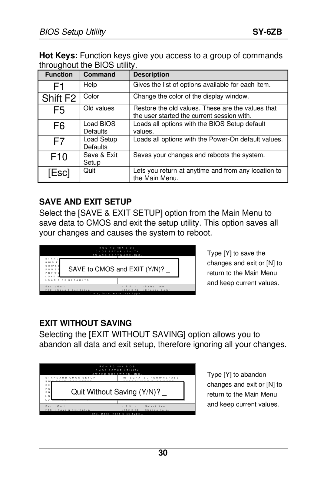 SOYO SY-6ZB manual Save and Exit Setup, Exit Without Saving 