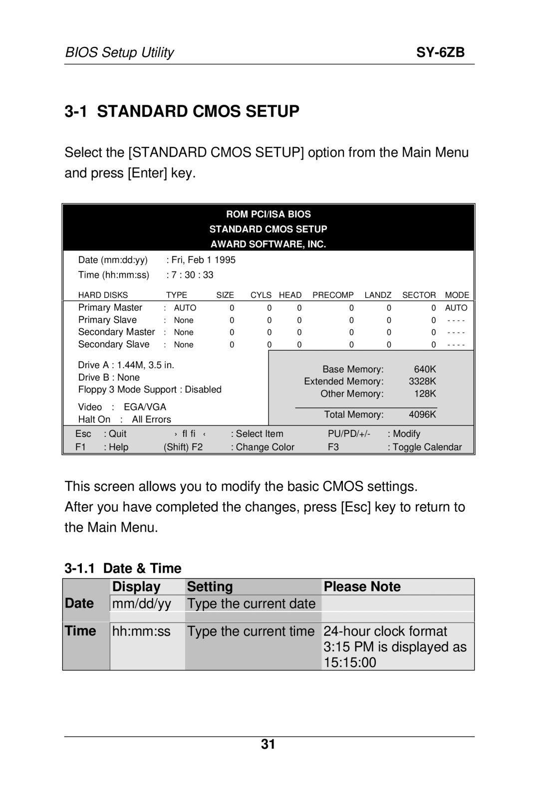 SOYO SY-6ZB manual Standard Cmos Setup, Date & Time Display Setting Please Note 