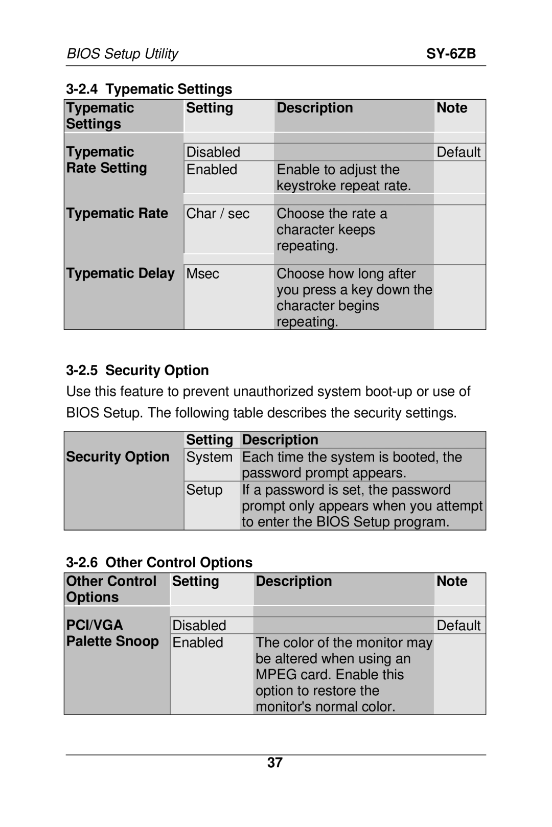 SOYO SY-6ZB Security Option Setting Description, Other Control Options Setting Description, Pci/Vga, Palette Snoop 