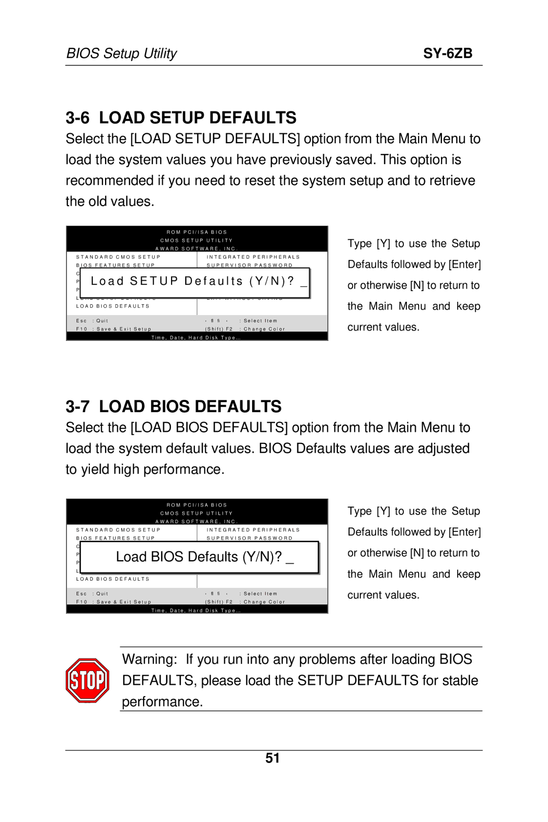 SOYO SY-6ZB manual Load Setup Defaults, Load Bios Defaults 