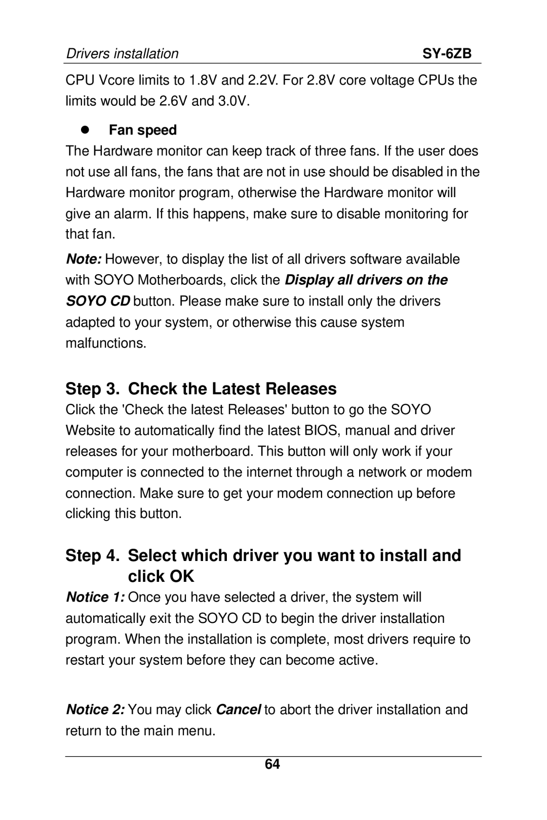 SOYO SY-6ZB manual Check the Latest Releases, Select which driver you want to install and click OK, Fan speed 