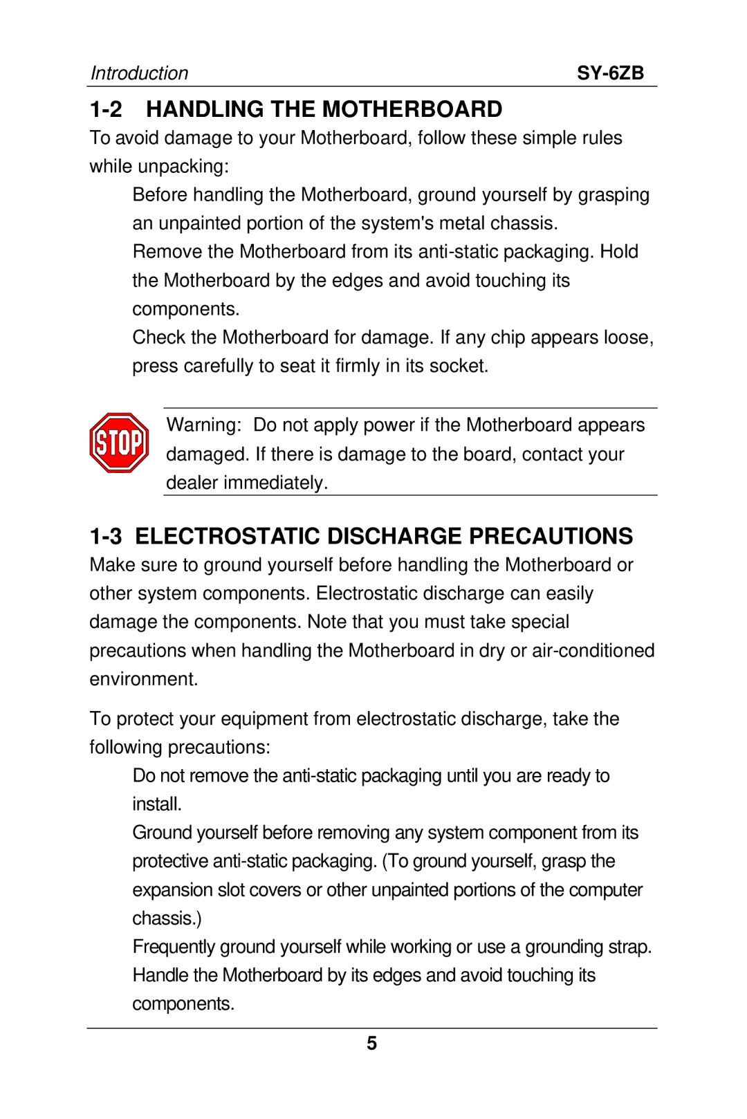 SOYO SY-6ZB manual Handling the Motherboard, Electrostatic Discharge Precautions 