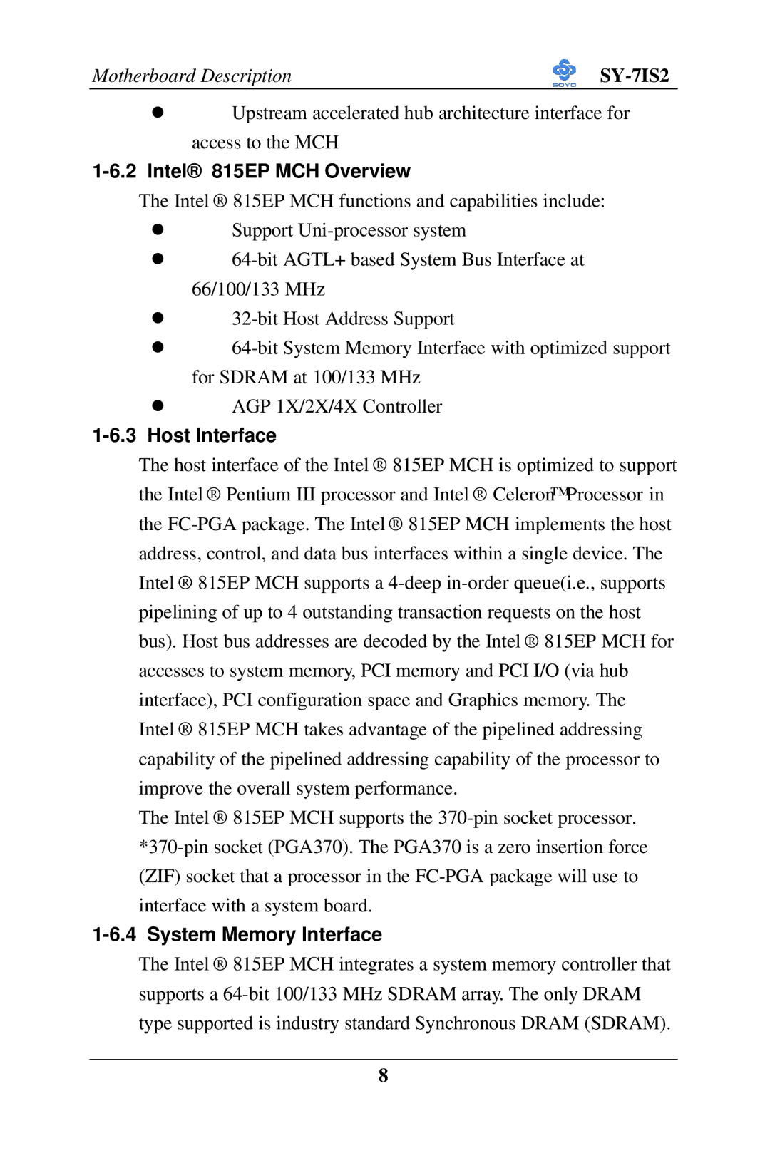 SOYO SY-7IS2 user manual Intel 815EP MCH Overview, Host Interface, System Memory Interface 